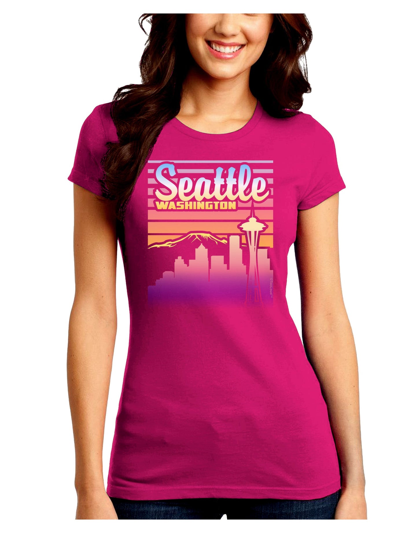 Seattle Washington Sunset Juniors Petite Crew Dark T-Shirt-T-Shirts Juniors Tops-TooLoud-Hot-Pink-Juniors Fitted Small-Davson Sales