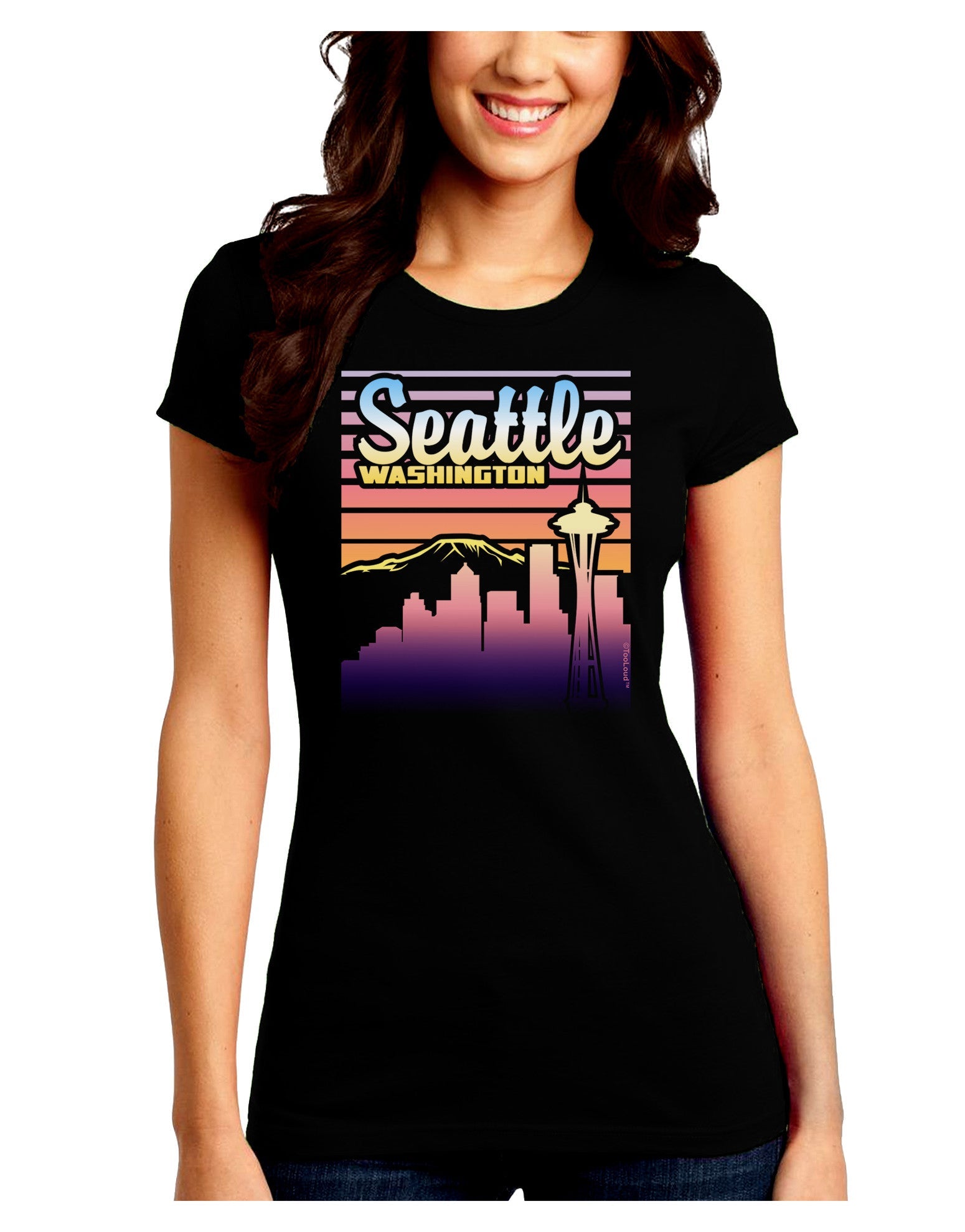 Seattle Washington Sunset Juniors Petite Crew Dark T-Shirt-T-Shirts Juniors Tops-TooLoud-Black-Juniors Fitted Small-Davson Sales
