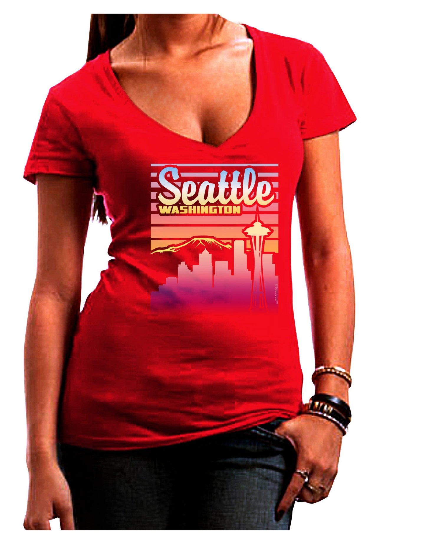 Seattle Washington Sunset Womens V-Neck Dark T-Shirt-Womens V-Neck T-Shirts-TooLoud-Red-Juniors Fitted Small-Davson Sales