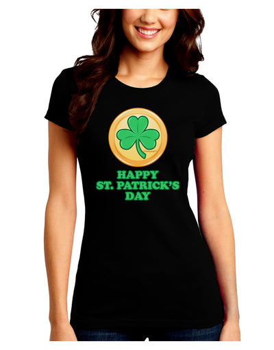 Shamrock Button - St Patrick's Day Juniors Crew Dark T-Shirt by TooLoud-T-Shirts Juniors Tops-TooLoud-Black-Juniors Fitted Small-Davson Sales