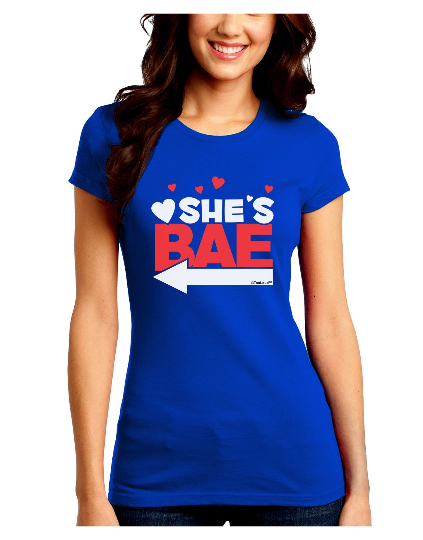 She's BAE - Left Arrow Juniors Petite Crew Dark T-Shirt-T-Shirts Juniors Tops-TooLoud-Royal-Blue-Juniors Fitted Small-Davson Sales