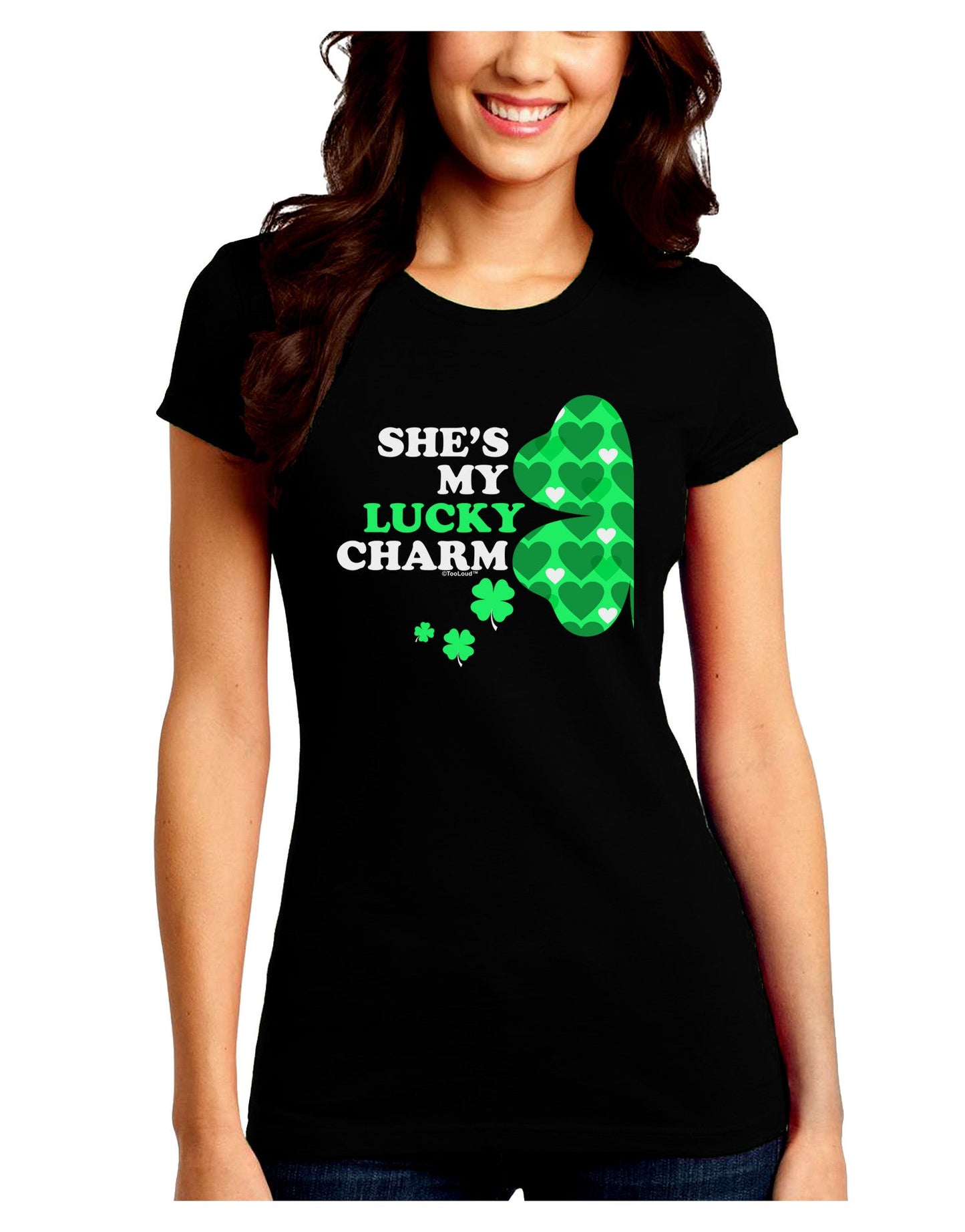 She's My Lucky Charm - Left Juniors Petite Crew Dark T-Shirt-T-Shirts Juniors Tops-TooLoud-Black-Juniors Fitted Small-Davson Sales