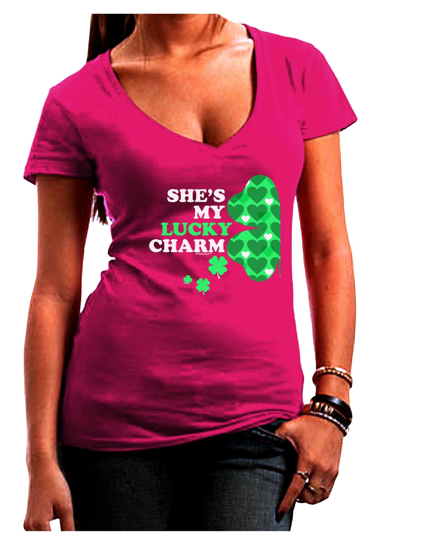 She's My Lucky Charm - Left Womens V-Neck Dark T-Shirt-Womens V-Neck T-Shirts-TooLoud-Hot-Pink-Juniors Fitted Small-Davson Sales