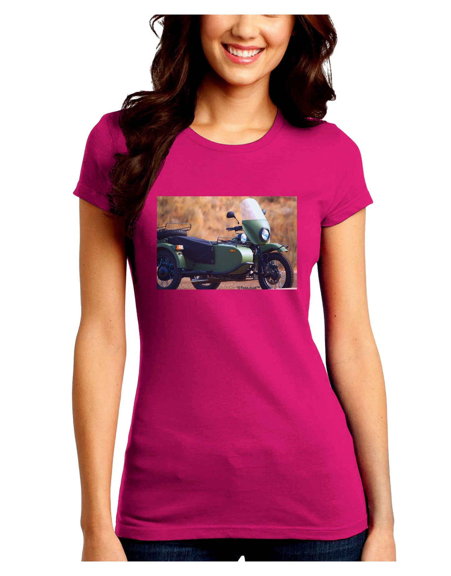 Sidecar Motorcycle Photo Juniors Petite Crew Dark T-Shirt-T-Shirts Juniors Tops-TooLoud-Hot-Pink-Juniors Fitted Small-Davson Sales
