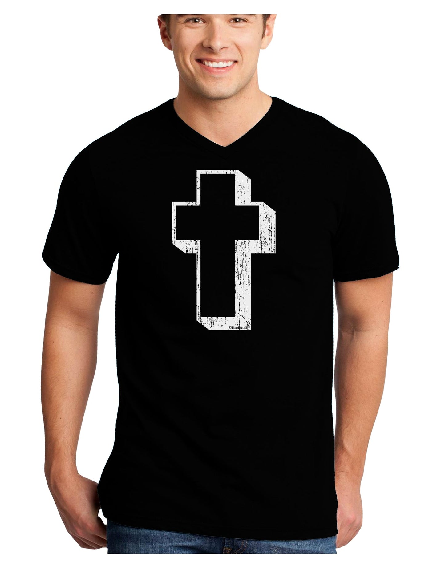 Simple Cross Design Black Distressed Adult Dark V-Neck T-Shirt by TooLoud-Mens V-Neck T-Shirt-TooLoud-Black-Small-Davson Sales
