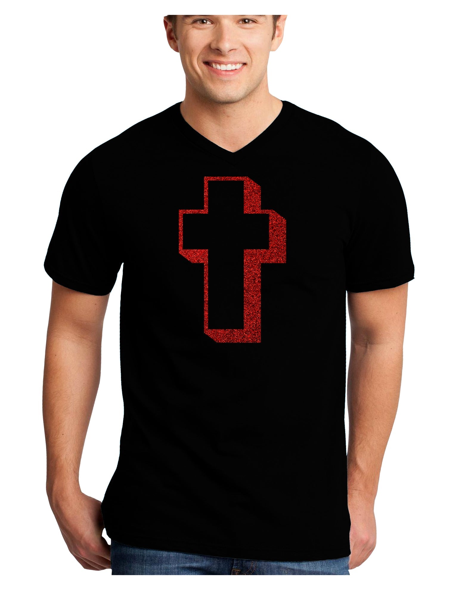Simple Cross Design Glitter - Red Adult Dark V-Neck T-Shirt by TooLoud-Mens V-Neck T-Shirt-TooLoud-Black-Small-Davson Sales