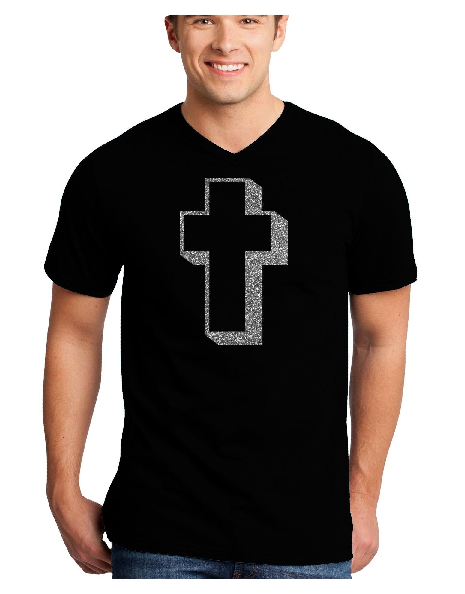 Simple Cross Design Glitter - Silver Adult Dark V-Neck T-Shirt by TooLoud-Mens V-Neck T-Shirt-TooLoud-Black-Small-Davson Sales