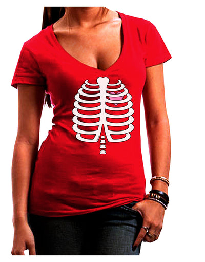 Skeleton Ribcage with Pink Heart Halloween Juniors V-Neck Dark T-Shirt-Womens V-Neck T-Shirts-TooLoud-Red-Juniors Fitted Small-Davson Sales