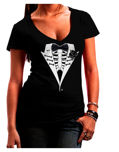 Skeleton Tuxedo Halloween Juniors V-Neck Dark T-Shirt-Womens V-Neck T-Shirts-TooLoud-Black-Juniors Fitted Small-Davson Sales