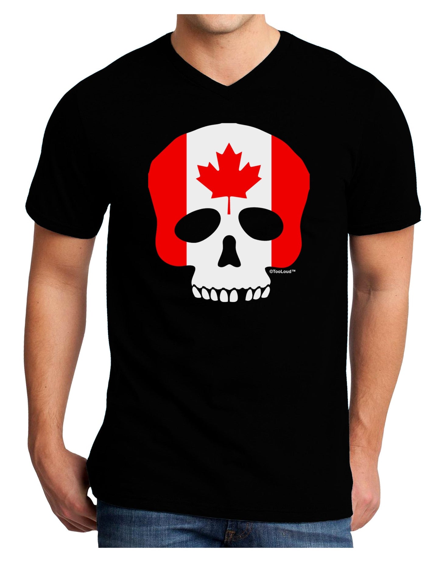 Skull Flag Canada Adult Dark V-Neck T-Shirt-Mens V-Neck T-Shirt-TooLoud-Black-Small-Davson Sales