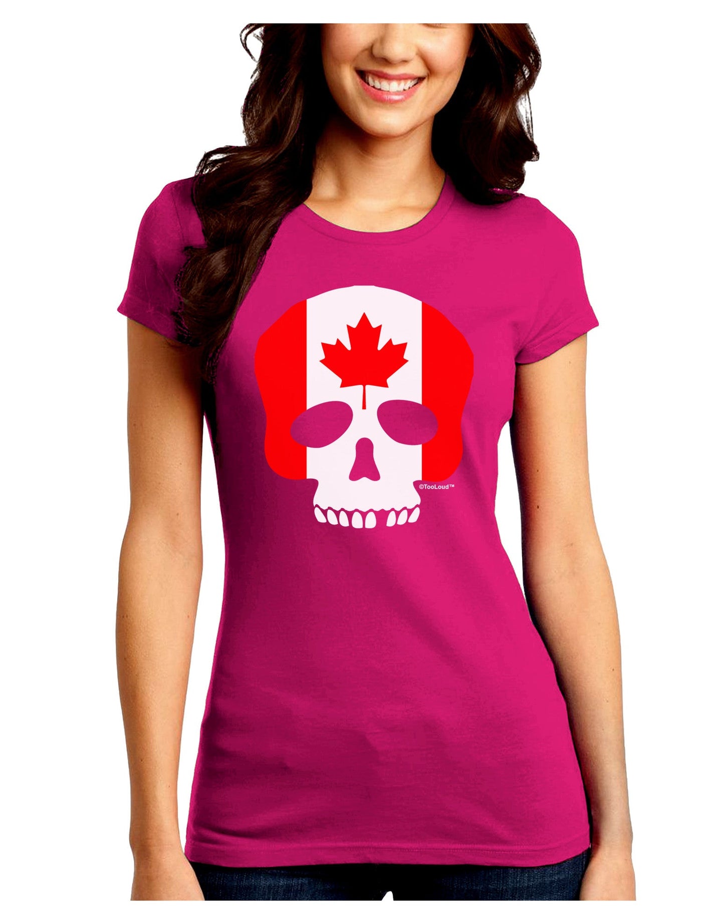 Skull Flag Canada Juniors Petite Crew Dark T-Shirt-T-Shirts Juniors Tops-TooLoud-Hot-Pink-Juniors Fitted Small-Davson Sales