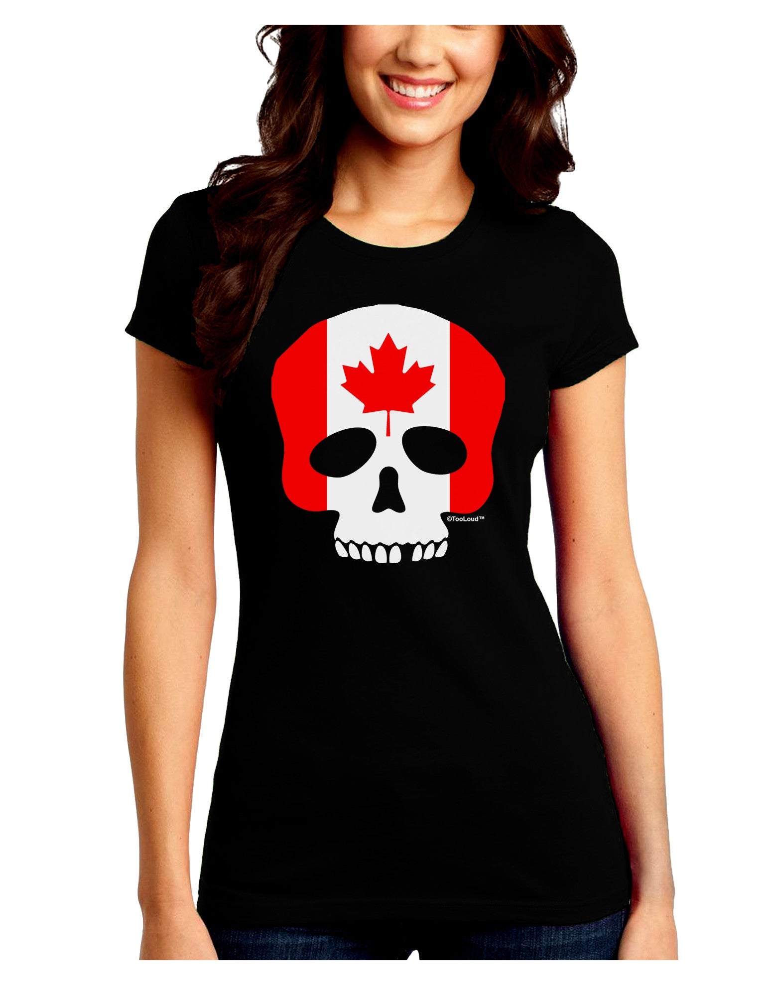 Skull Flag Canada Juniors Petite Crew Dark T-Shirt-T-Shirts Juniors Tops-TooLoud-Black-Juniors Fitted Small-Davson Sales