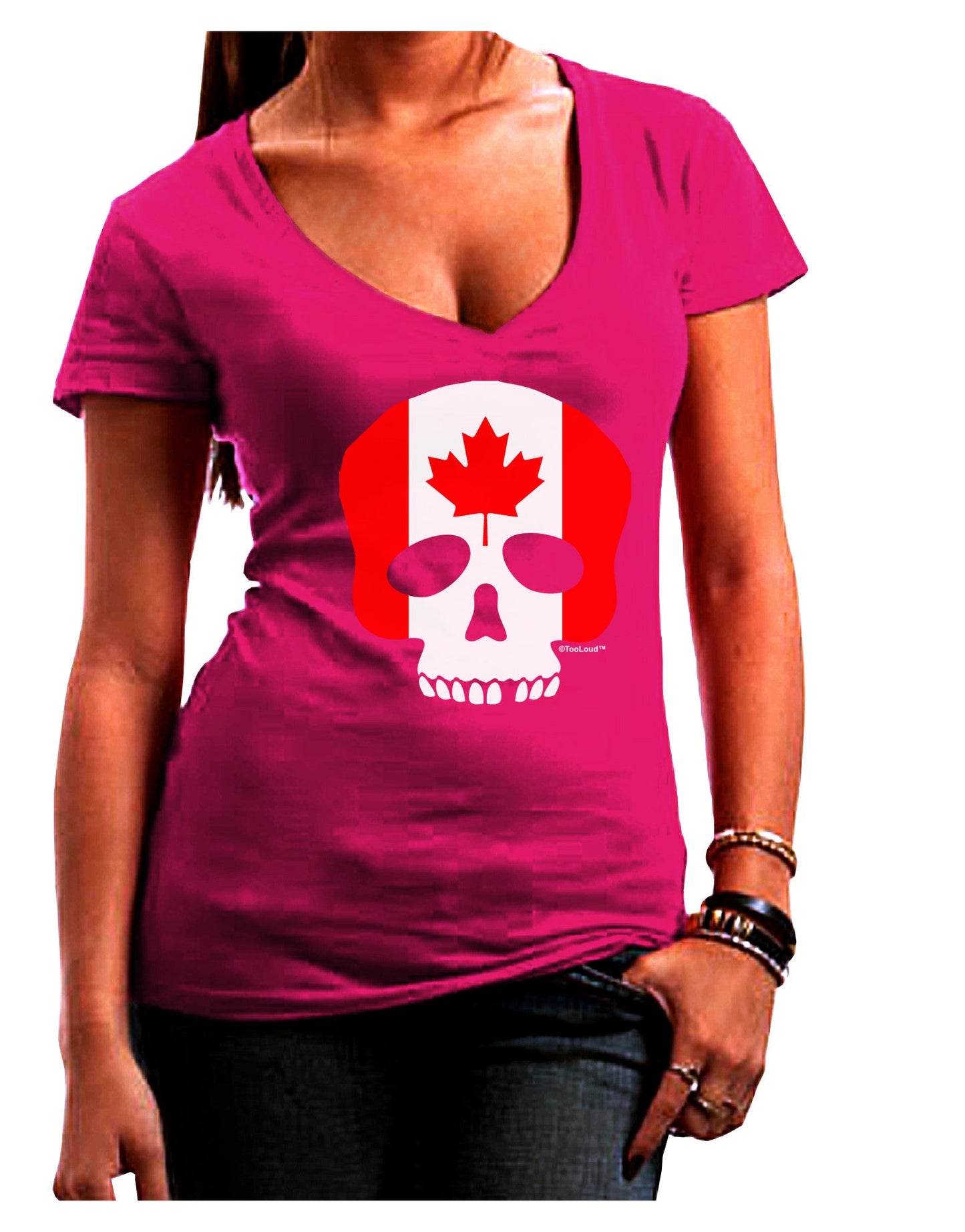 Skull Flag Canada Womens V-Neck Dark T-Shirt-Womens V-Neck T-Shirts-TooLoud-Hot-Pink-Juniors Fitted Small-Davson Sales