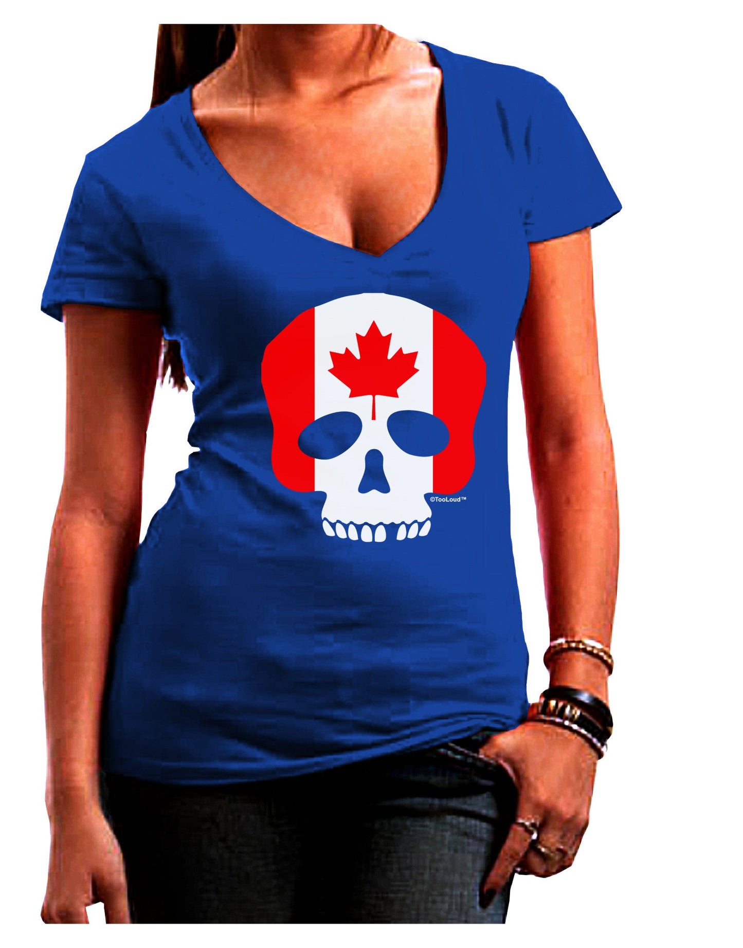 Skull Flag Canada Womens V-Neck Dark T-Shirt-Womens V-Neck T-Shirts-TooLoud-Royal-Blue-Juniors Fitted Small-Davson Sales
