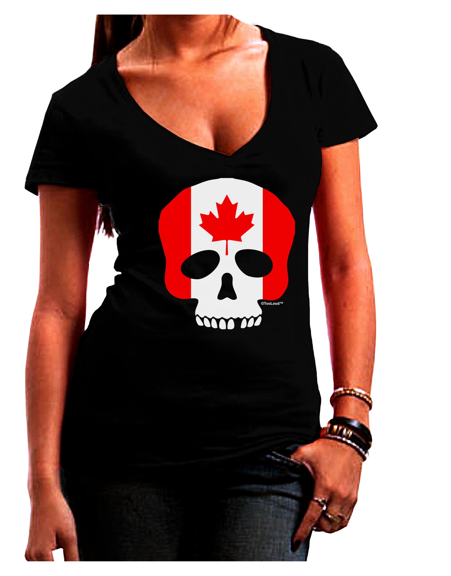 Skull Flag Canada Womens V-Neck Dark T-Shirt-Womens V-Neck T-Shirts-TooLoud-Black-Juniors Fitted Small-Davson Sales