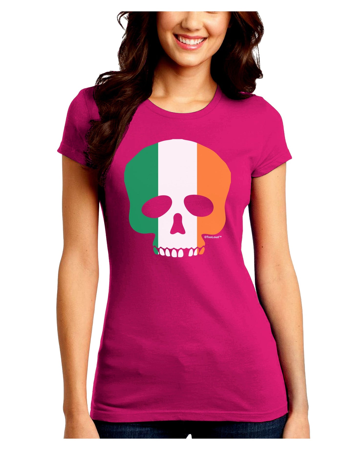 Skull Flag Ireland Juniors Petite Crew Dark T-Shirt-T-Shirts Juniors Tops-TooLoud-Hot-Pink-Juniors Fitted Small-Davson Sales