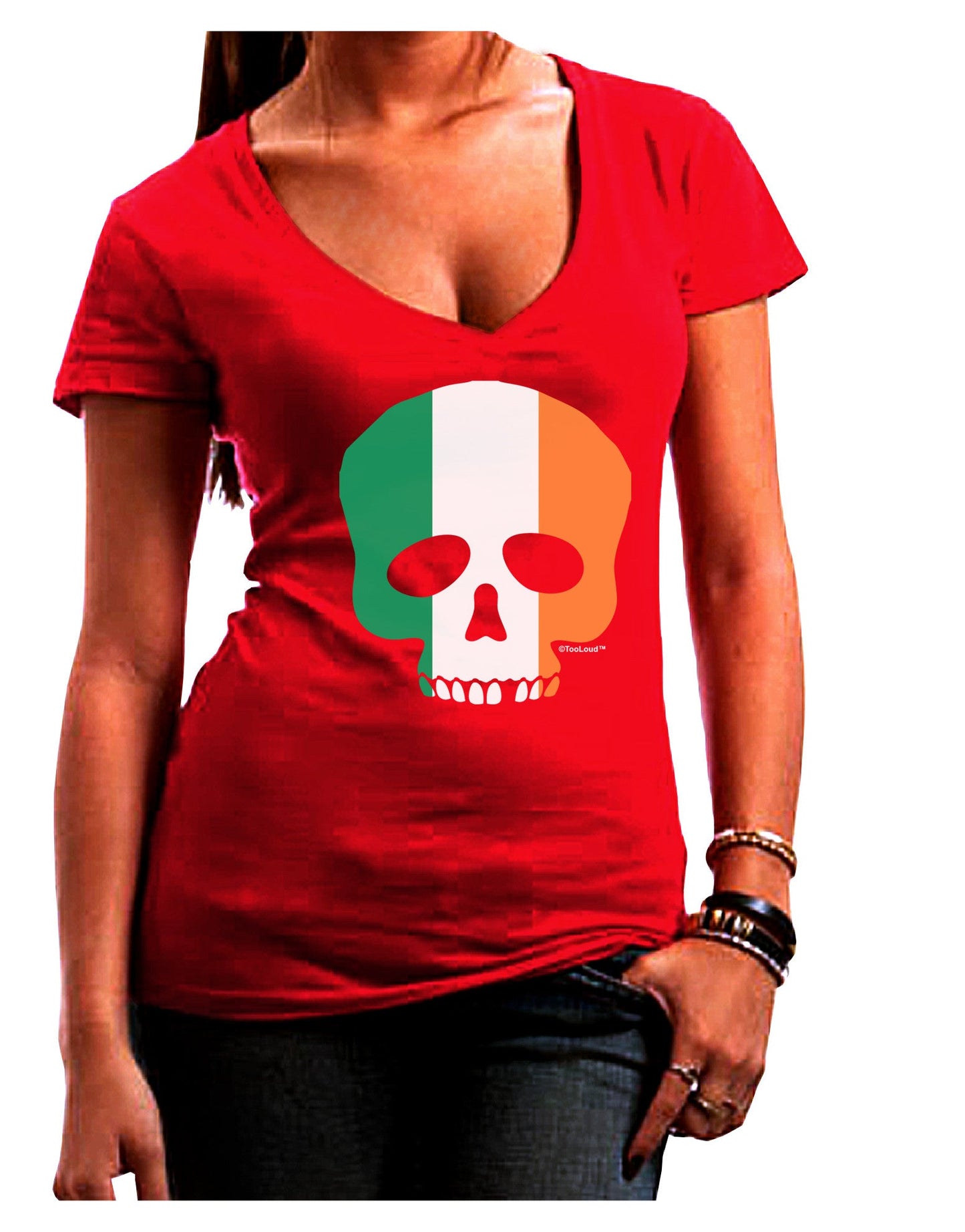 Skull Flag Ireland Womens V-Neck Dark T-Shirt-Womens V-Neck T-Shirts-TooLoud-Red-Juniors Fitted Small-Davson Sales