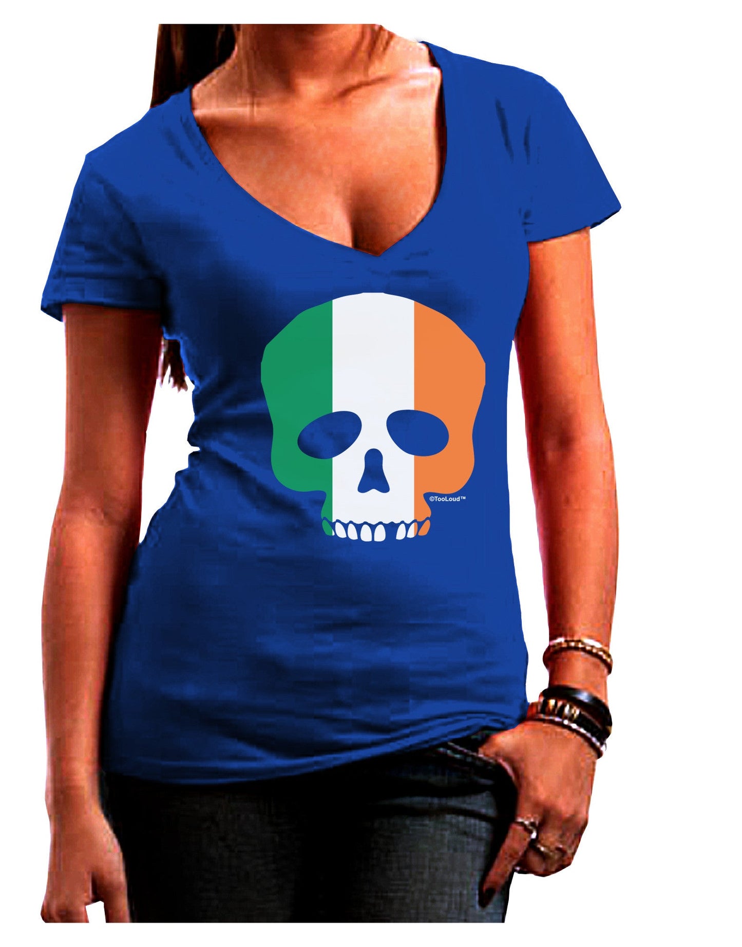 Skull Flag Ireland Womens V-Neck Dark T-Shirt-Womens V-Neck T-Shirts-TooLoud-Royal-Blue-Juniors Fitted Small-Davson Sales