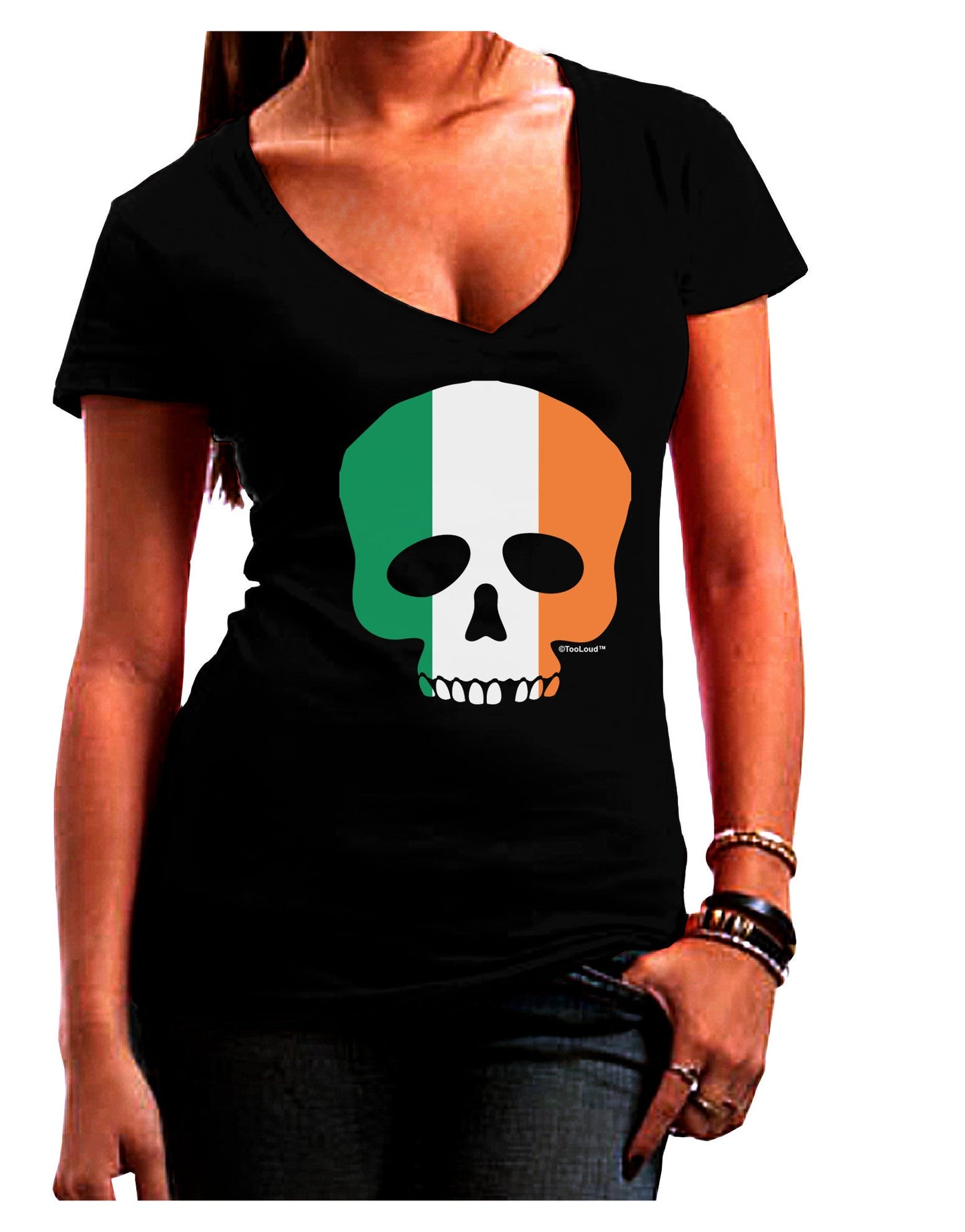 Skull Flag Ireland Womens V-Neck Dark T-Shirt-Womens V-Neck T-Shirts-TooLoud-Black-Juniors Fitted Small-Davson Sales