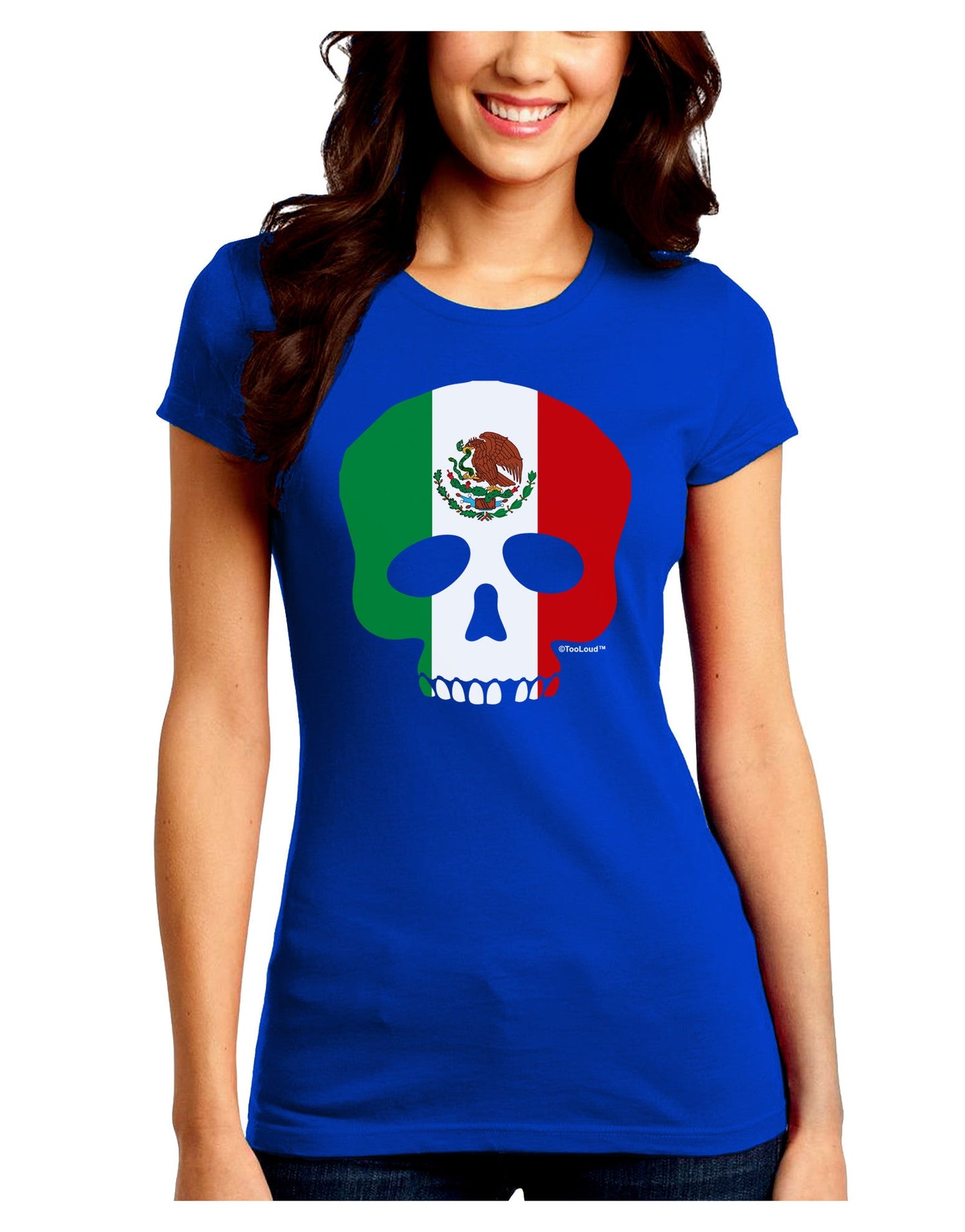 Skull Flag Mexico Juniors Petite Crew Dark T-Shirt-T-Shirts Juniors Tops-TooLoud-Royal-Blue-Juniors Fitted Small-Davson Sales