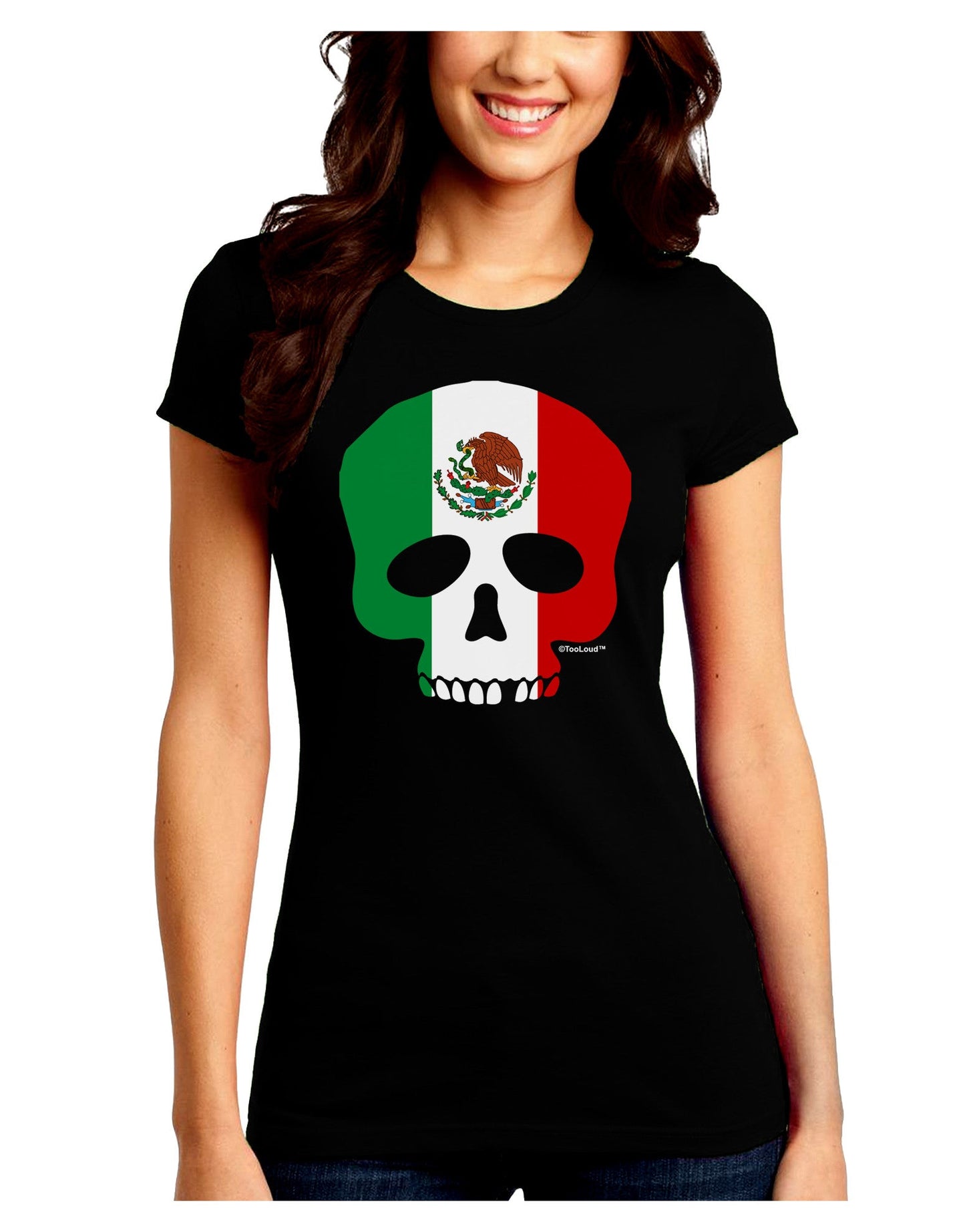 Skull Flag Mexico Juniors Petite Crew Dark T-Shirt-T-Shirts Juniors Tops-TooLoud-Black-Juniors Fitted Small-Davson Sales