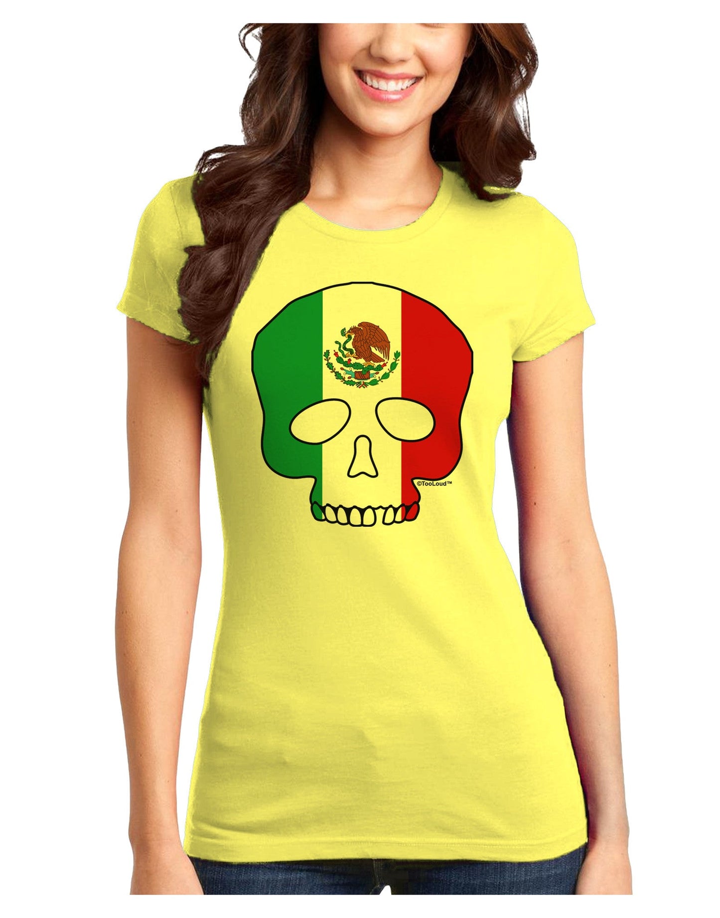 Skull Flag Mexico Juniors Petite T-Shirt-T-Shirts Juniors Tops-TooLoud-Yellow-Juniors Fitted X-Small-Davson Sales