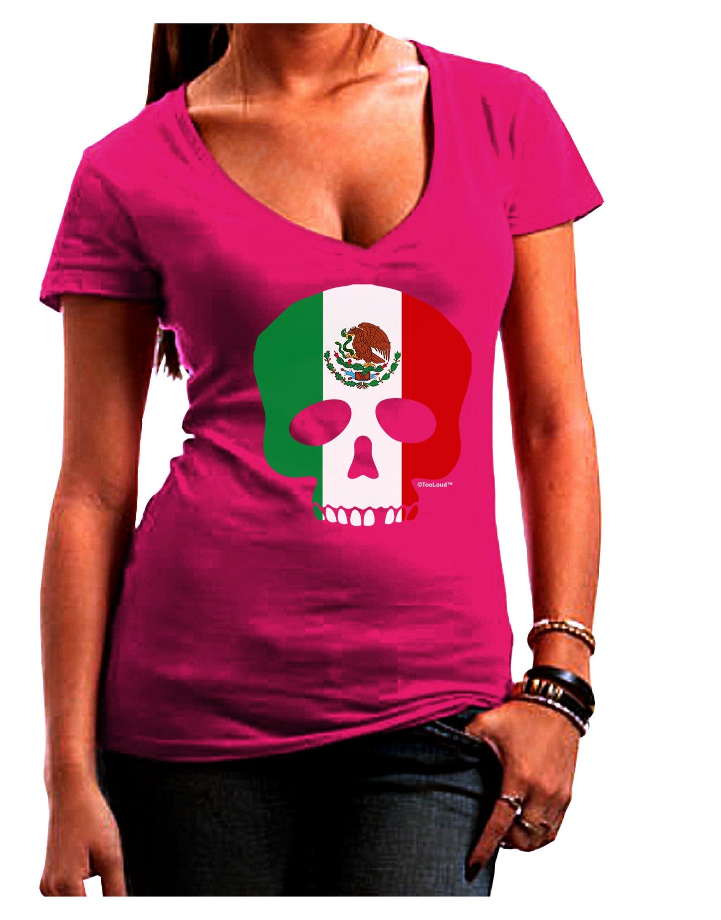 Skull Flag Mexico Womens V-Neck Dark T-Shirt-Womens V-Neck T-Shirts-TooLoud-Hot-Pink-Juniors Fitted Small-Davson Sales