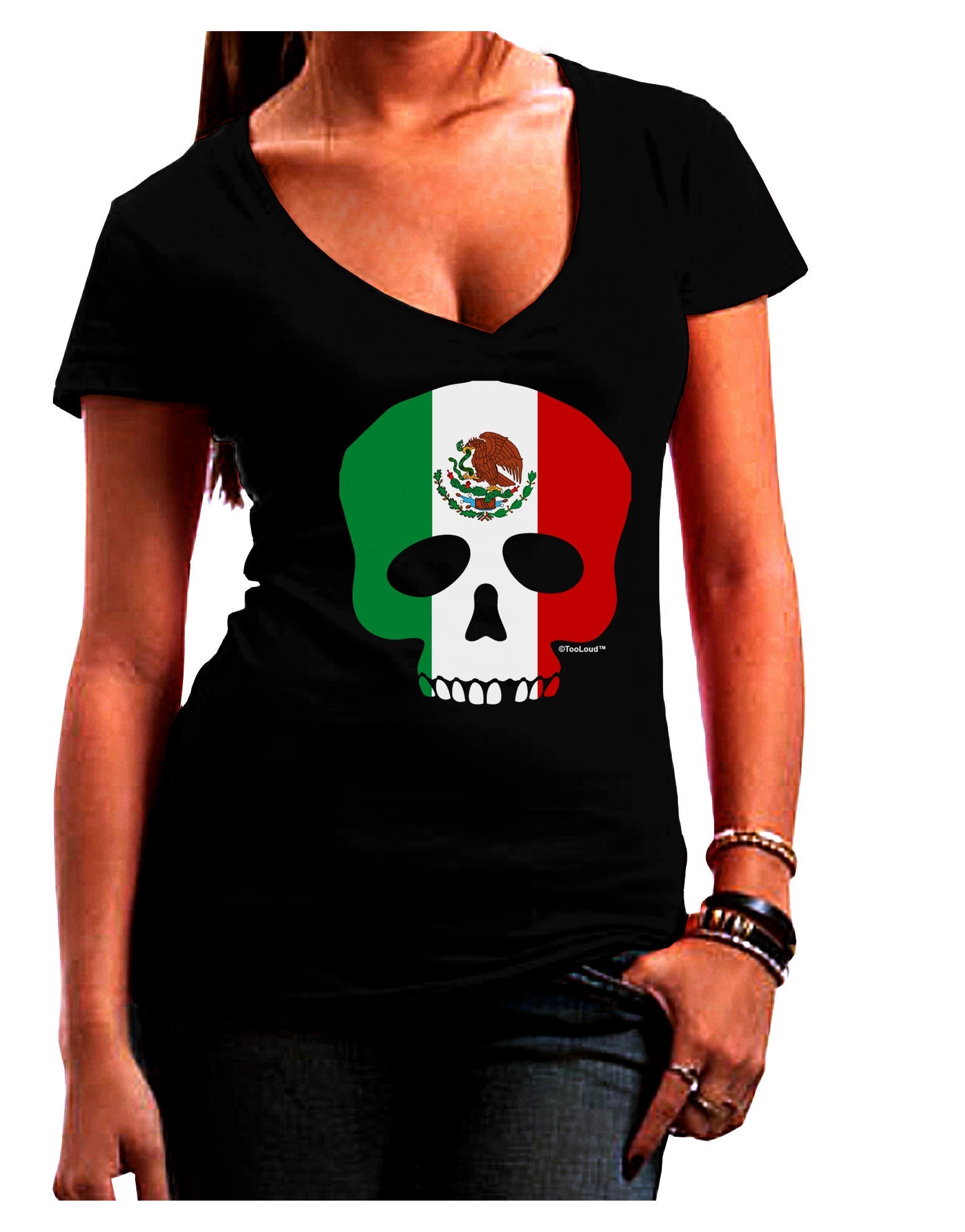 Skull Flag Mexico Womens V-Neck Dark T-Shirt-Womens V-Neck T-Shirts-TooLoud-Black-Juniors Fitted Small-Davson Sales