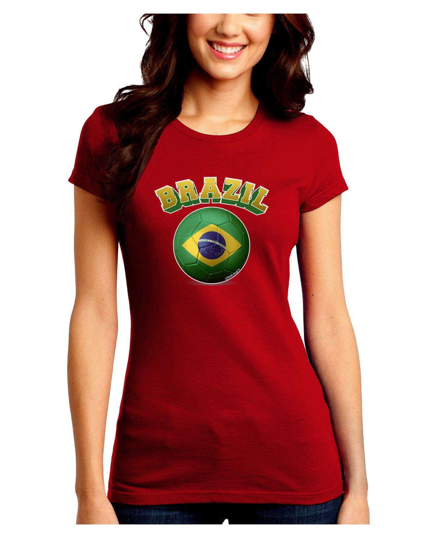 Soccer Ball Flag - Brazil Juniors Petite Crew Dark T-Shirt-T-Shirts Juniors Tops-TooLoud-Red-Juniors Fitted Small-Davson Sales