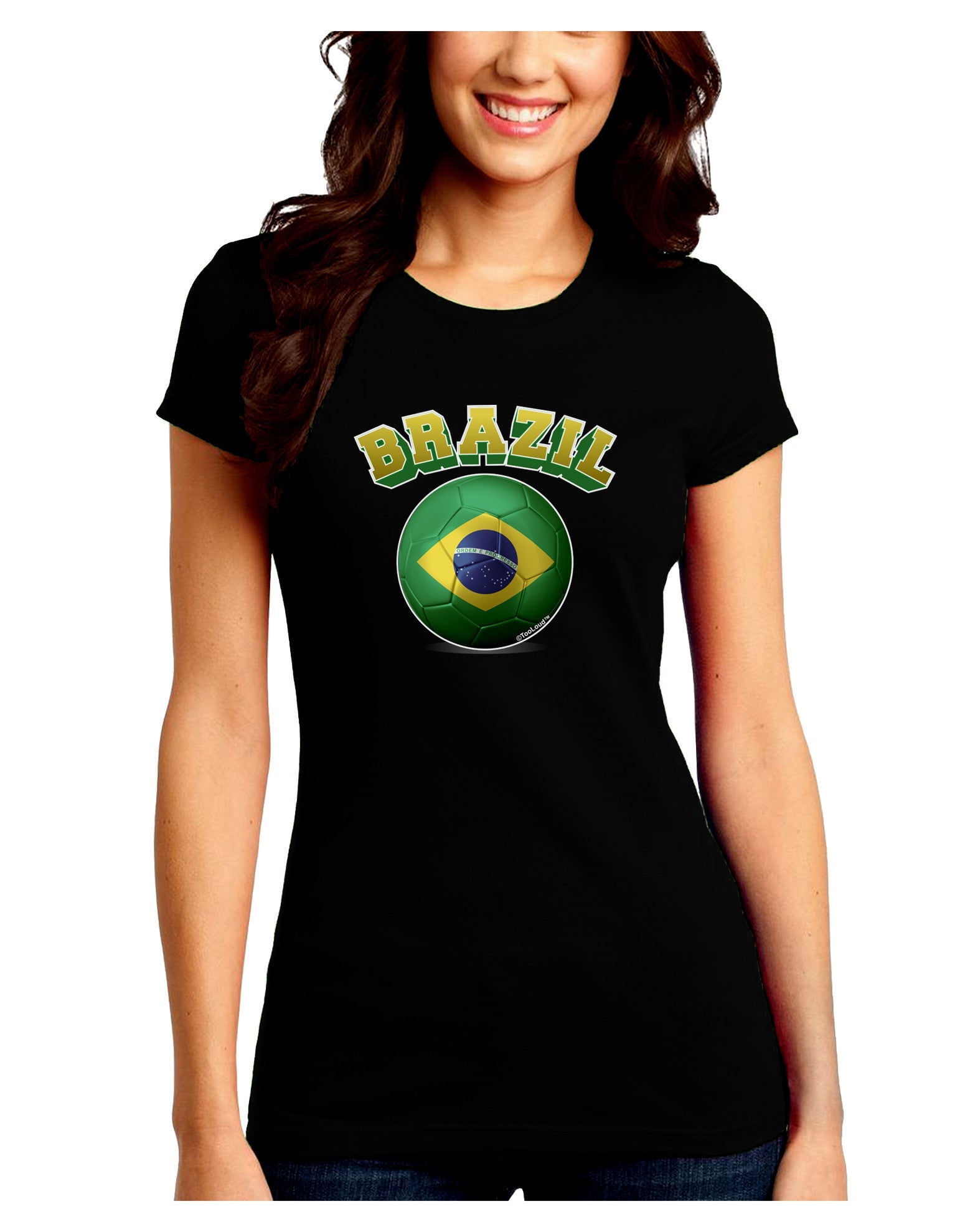 Soccer Ball Flag - Brazil Juniors Petite Crew Dark T-Shirt-T-Shirts Juniors Tops-TooLoud-Black-Juniors Fitted Small-Davson Sales