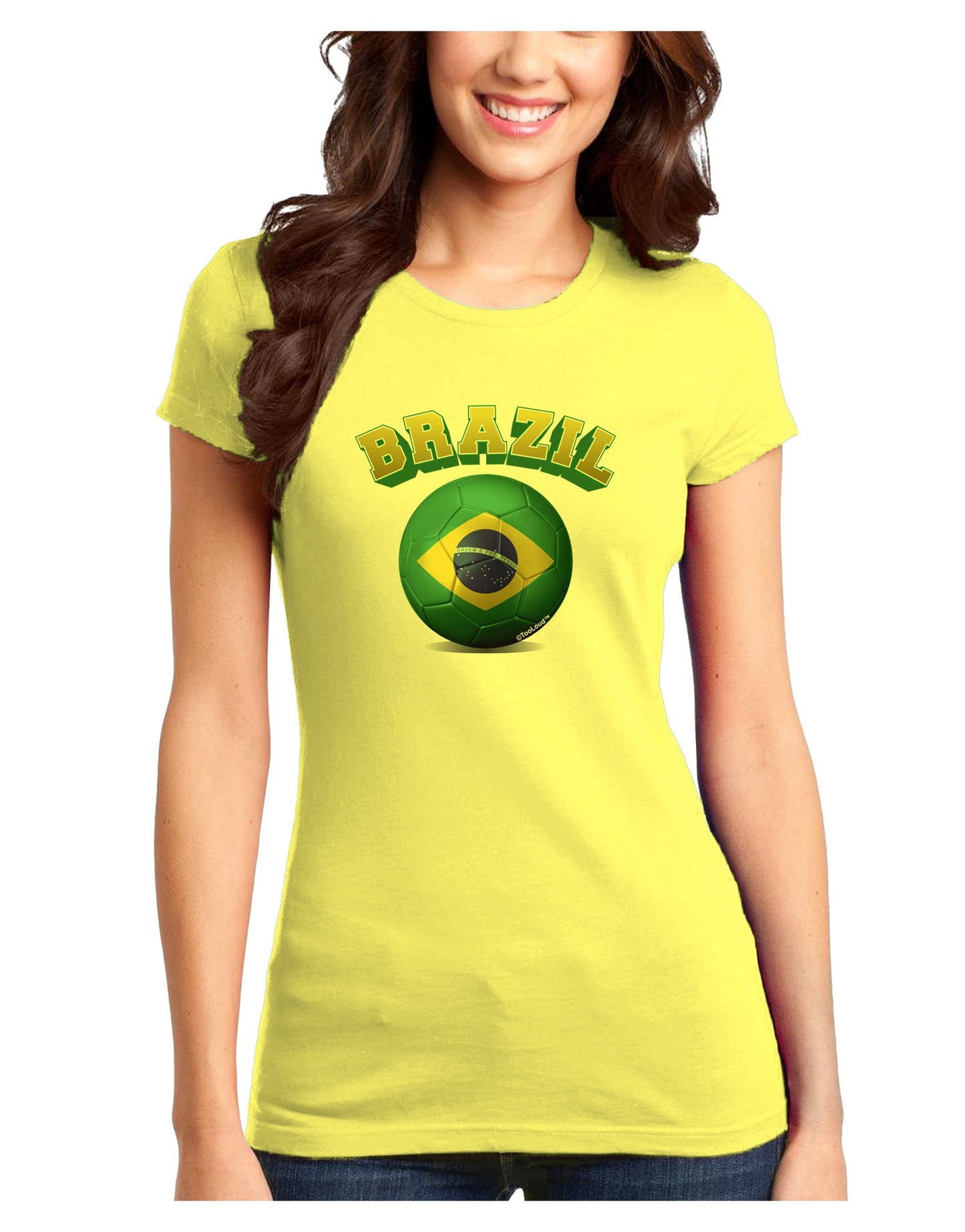 Soccer Ball Flag - Brazil Juniors Petite T-Shirt-T-Shirts Juniors Tops-TooLoud-Yellow-Juniors Fitted X-Small-Davson Sales