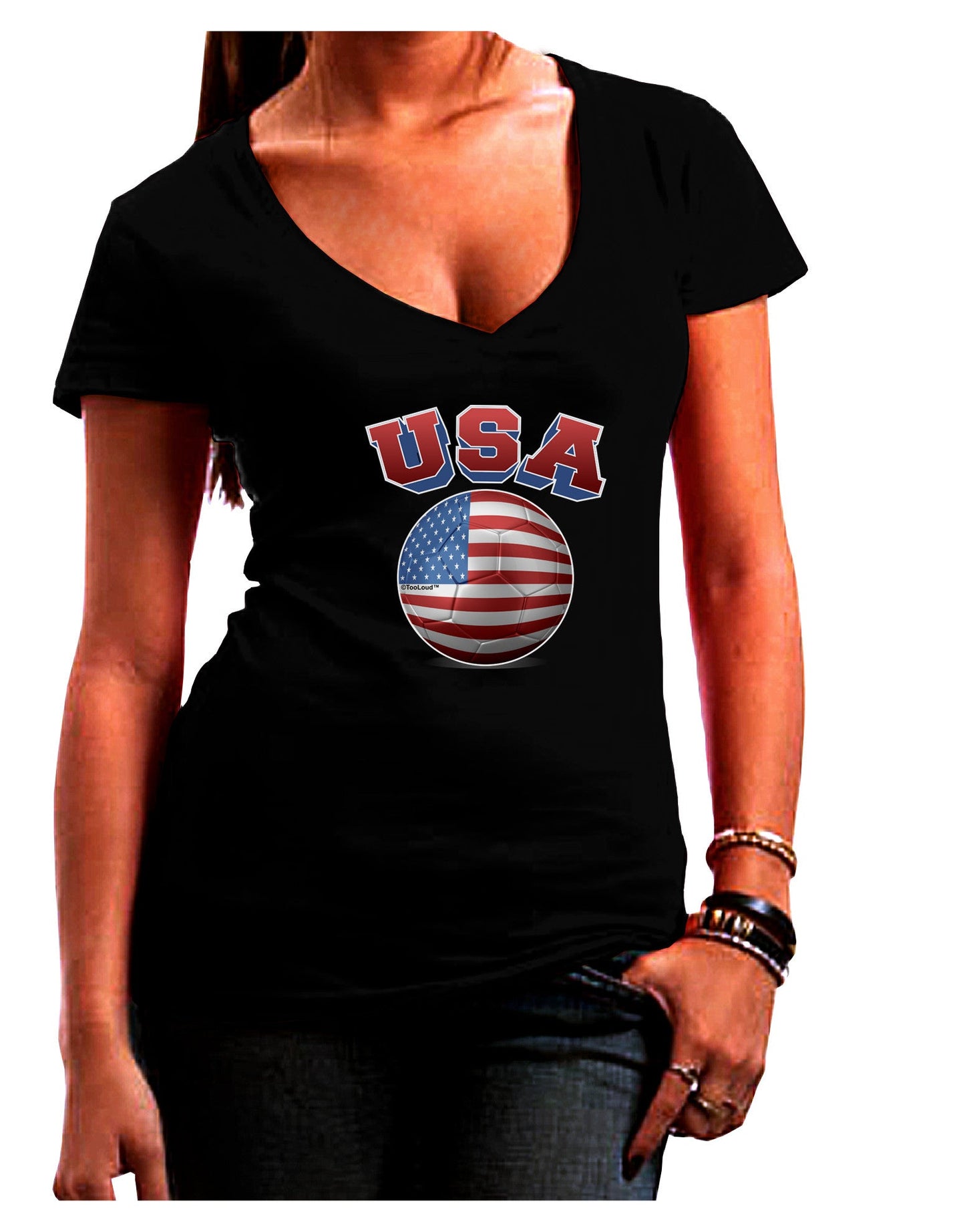 Soccer Ball Flag - USA Womens V-Neck Dark T-Shirt-Womens V-Neck T-Shirts-TooLoud-Black-Juniors Fitted Small-Davson Sales