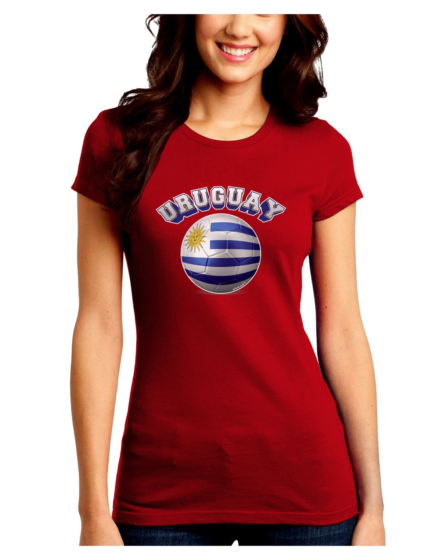 Soccer Ball Flag - Uruguay Juniors Petite Crew Dark T-Shirt-T-Shirts Juniors Tops-TooLoud-Red-Juniors Fitted Small-Davson Sales