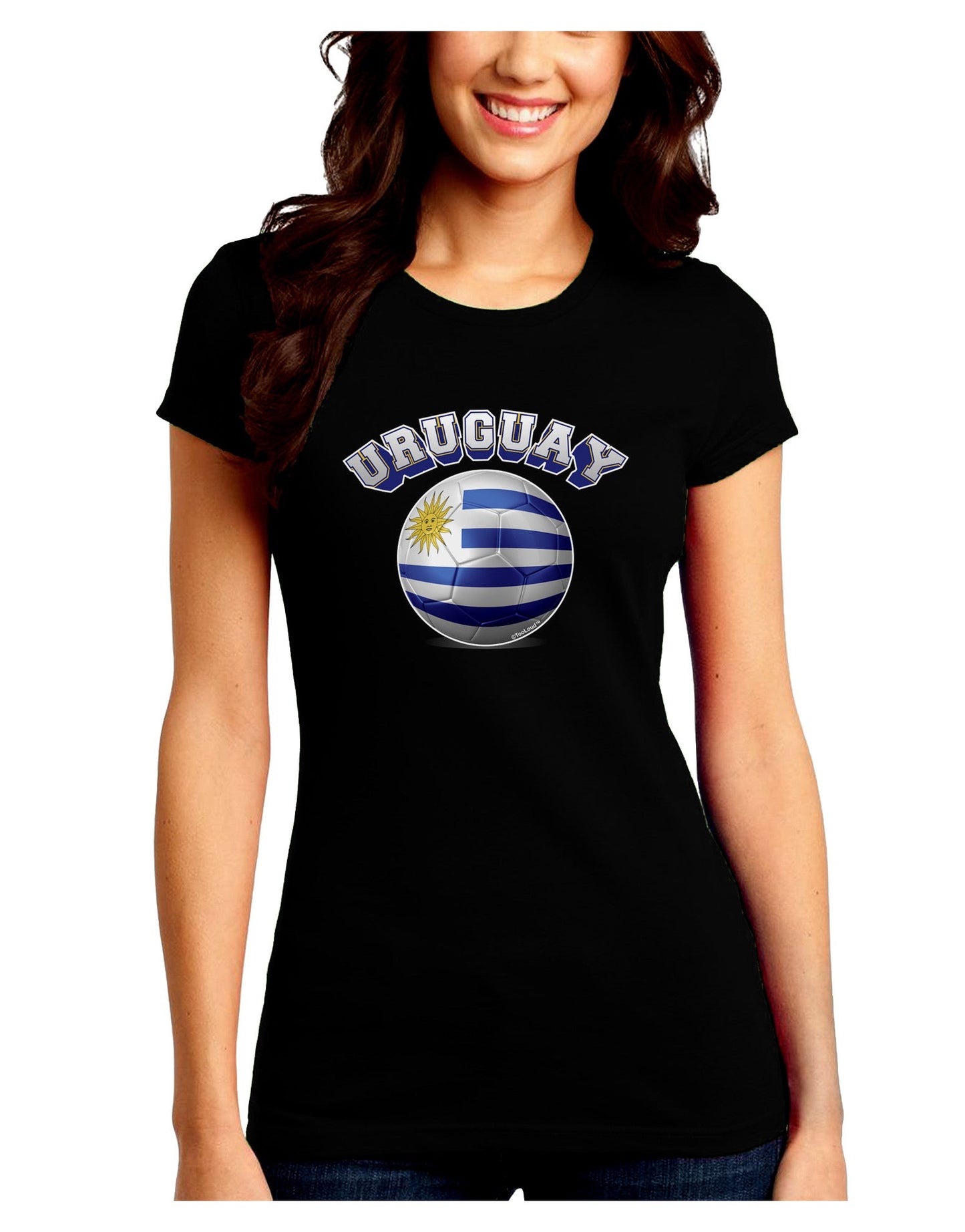 Soccer Ball Flag - Uruguay Juniors Petite Crew Dark T-Shirt-T-Shirts Juniors Tops-TooLoud-Black-Juniors Fitted Small-Davson Sales