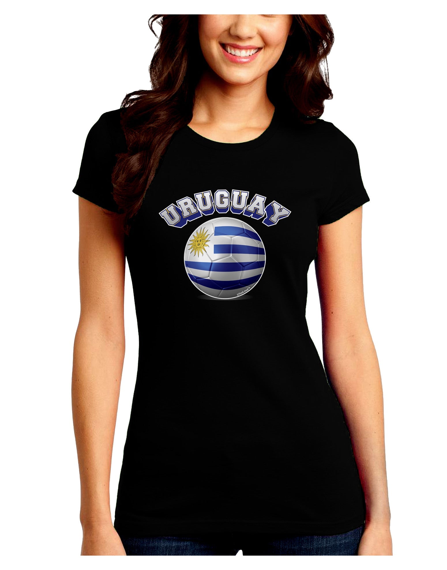 Soccer Ball Flag - Uruguay Juniors Petite Crew Dark T-Shirt-T-Shirts Juniors Tops-TooLoud-Black-Juniors Fitted Small-Davson Sales