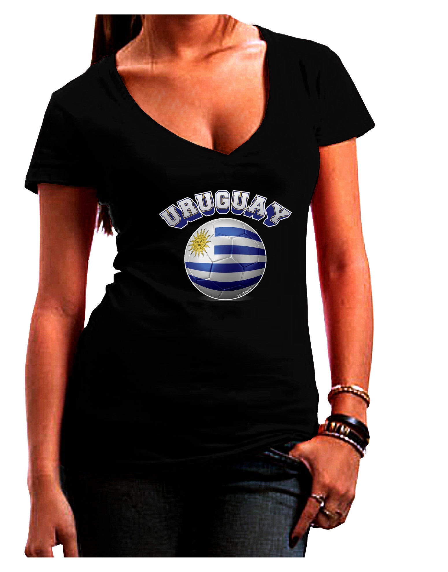 Soccer Ball Flag - Uruguay Womens V-Neck Dark T-Shirt-Womens V-Neck T-Shirts-TooLoud-Black-Juniors Fitted Small-Davson Sales