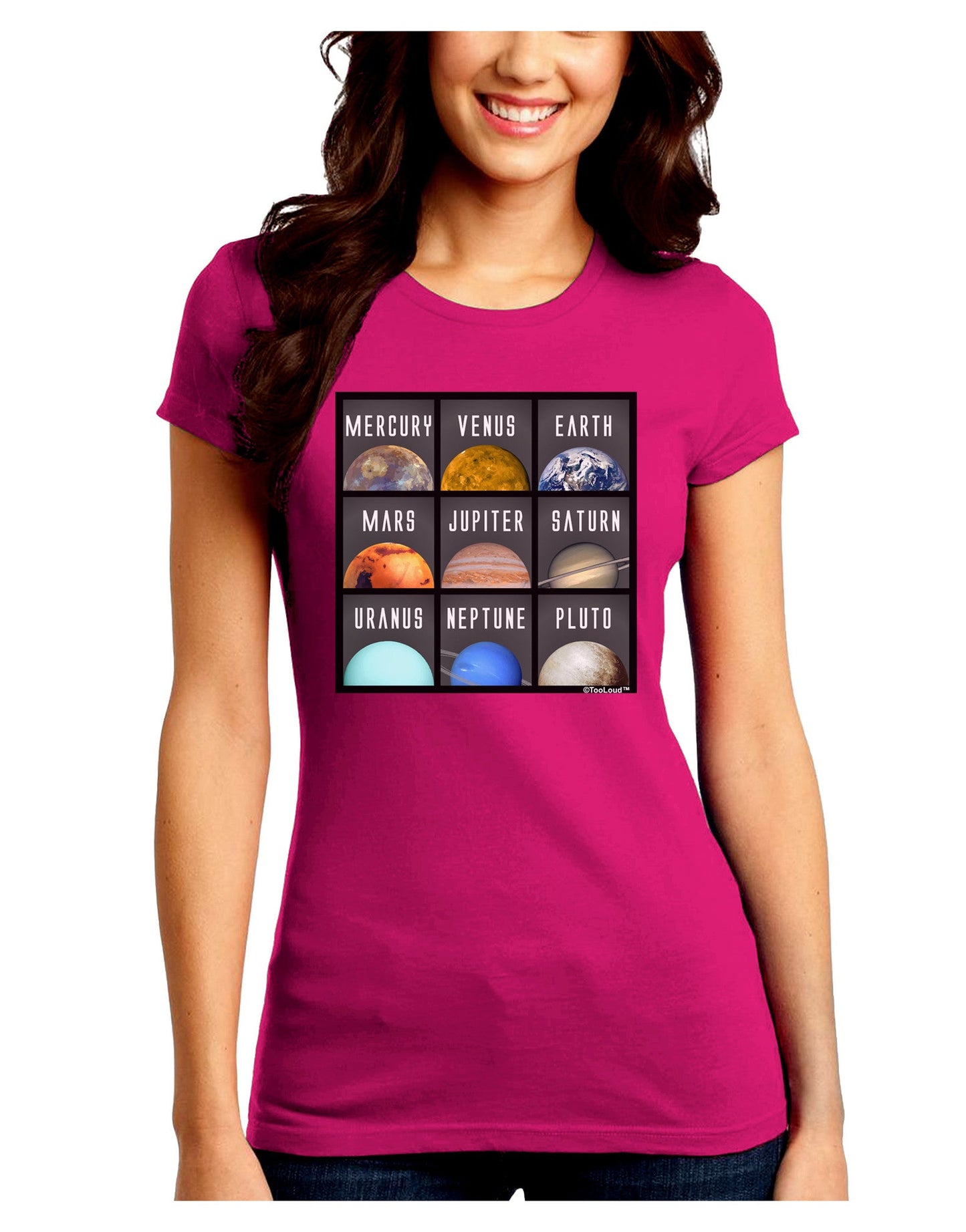 Solar System Squares Dark Juniors Petite Crew Dark T-Shirt-T-Shirts Juniors Tops-TooLoud-Hot-Pink-Juniors Fitted Small-Davson Sales