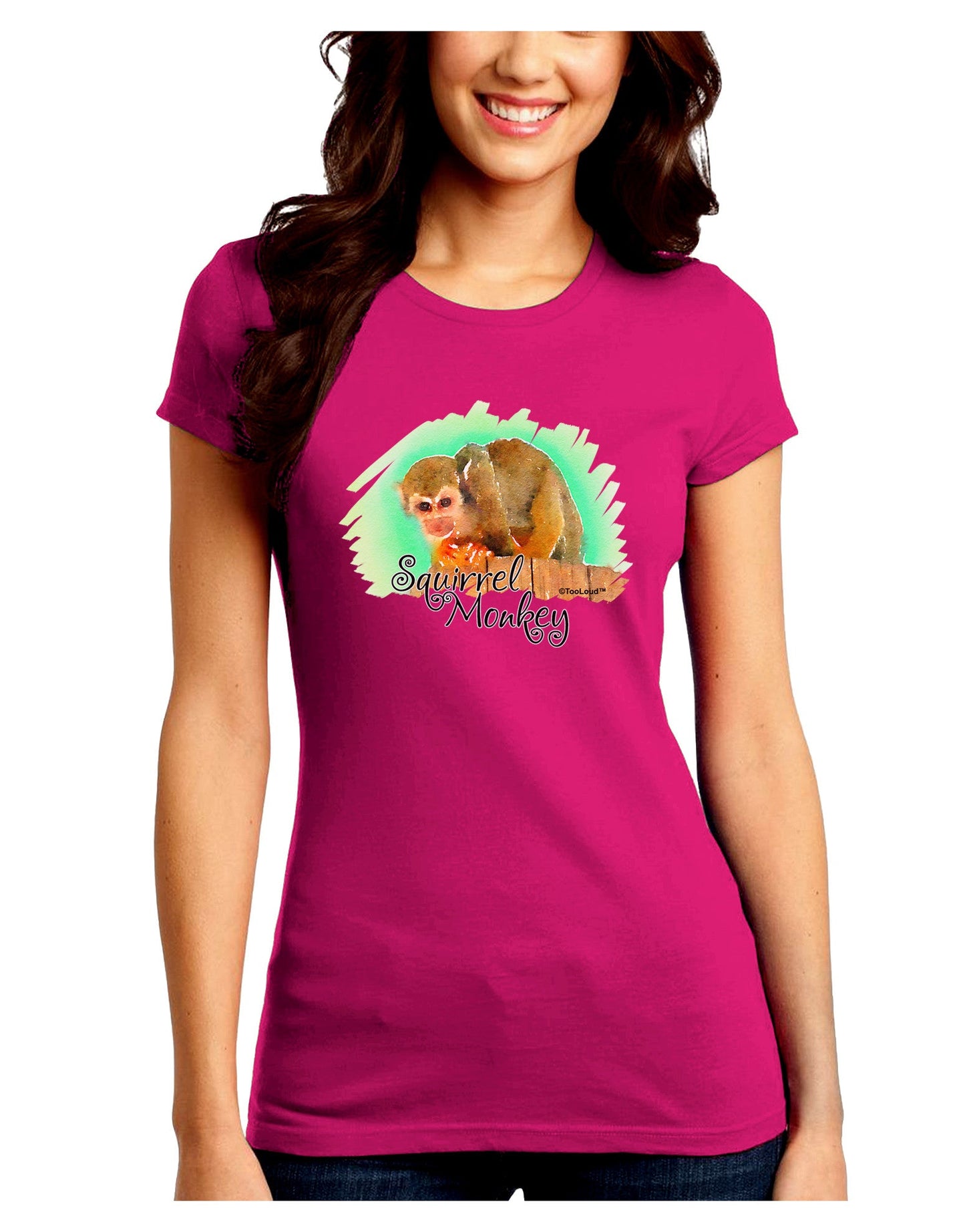 Squirrel Monkey Watercolor Text Juniors Crew Dark T-Shirt-T-Shirts Juniors Tops-TooLoud-Hot-Pink-Juniors Fitted Small-Davson Sales