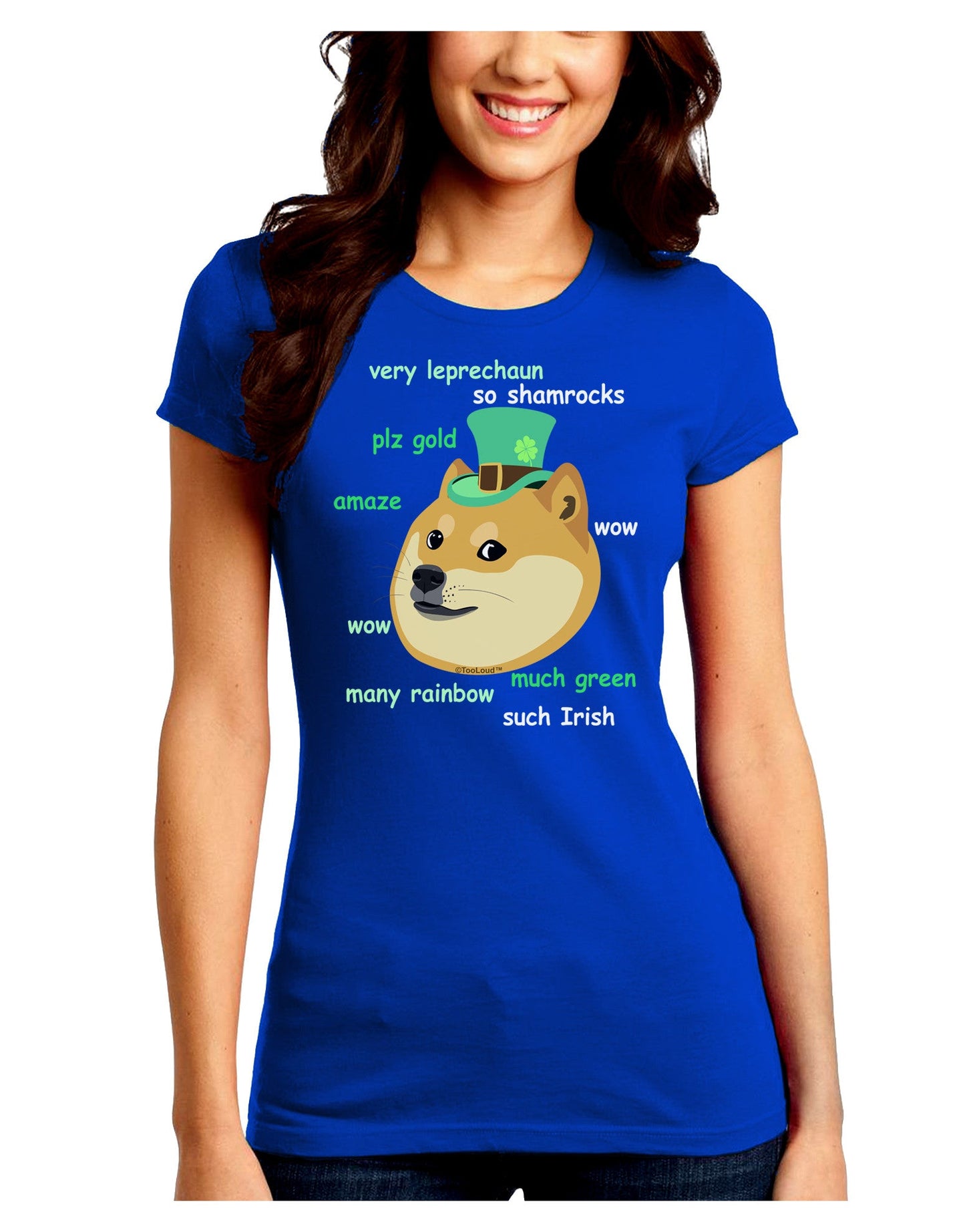 St Patricks Day Leprechaun Doge Juniors Petite Crew Dark T-Shirt-T-Shirts Juniors Tops-TooLoud-Royal-Blue-Juniors Fitted Small-Davson Sales