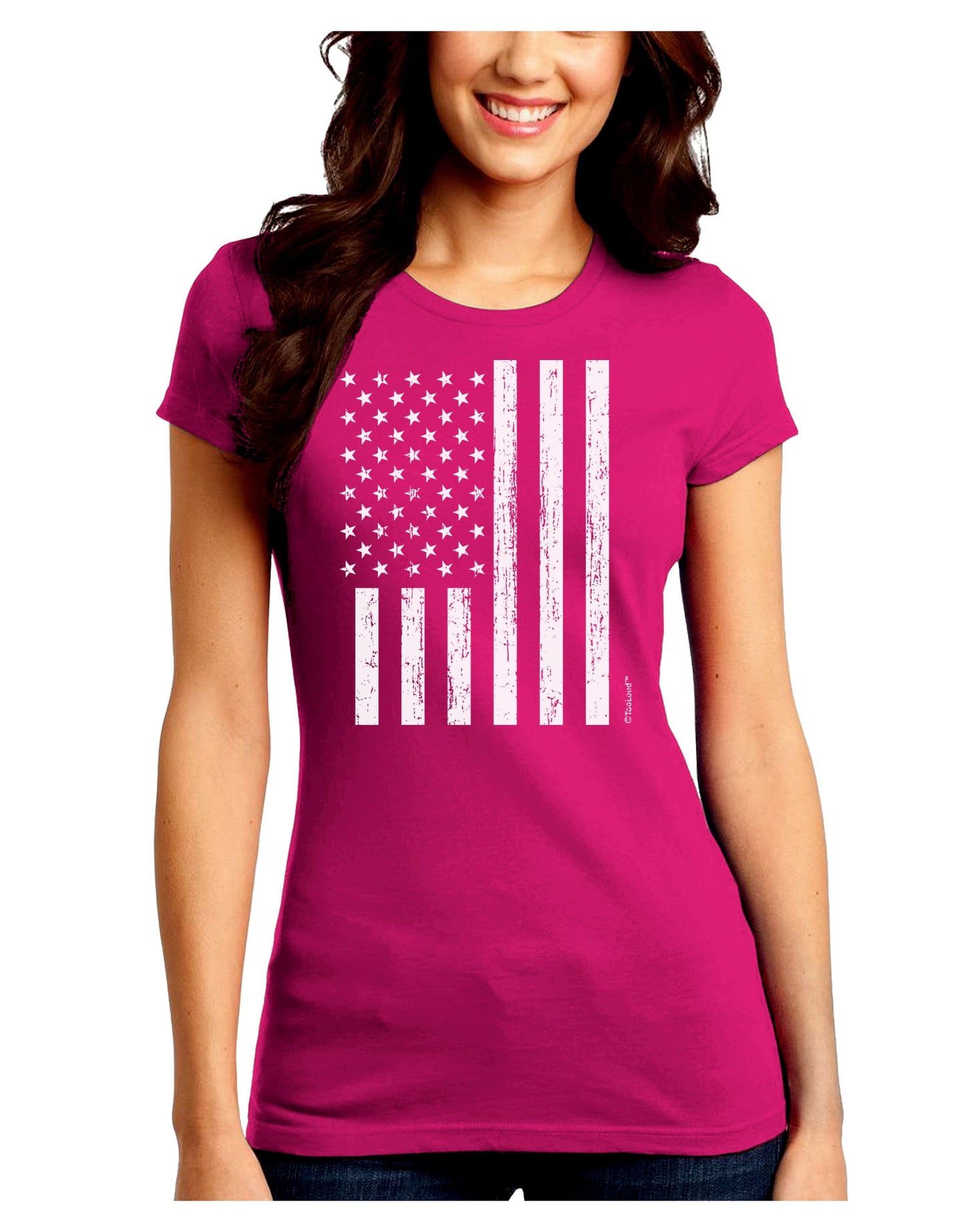 Stamp Style American Flag - Distressed Juniors Crew Dark T-Shirt by TooLoud-T-Shirts Juniors Tops-TooLoud-Hot-Pink-Juniors Fitted Small-Davson Sales