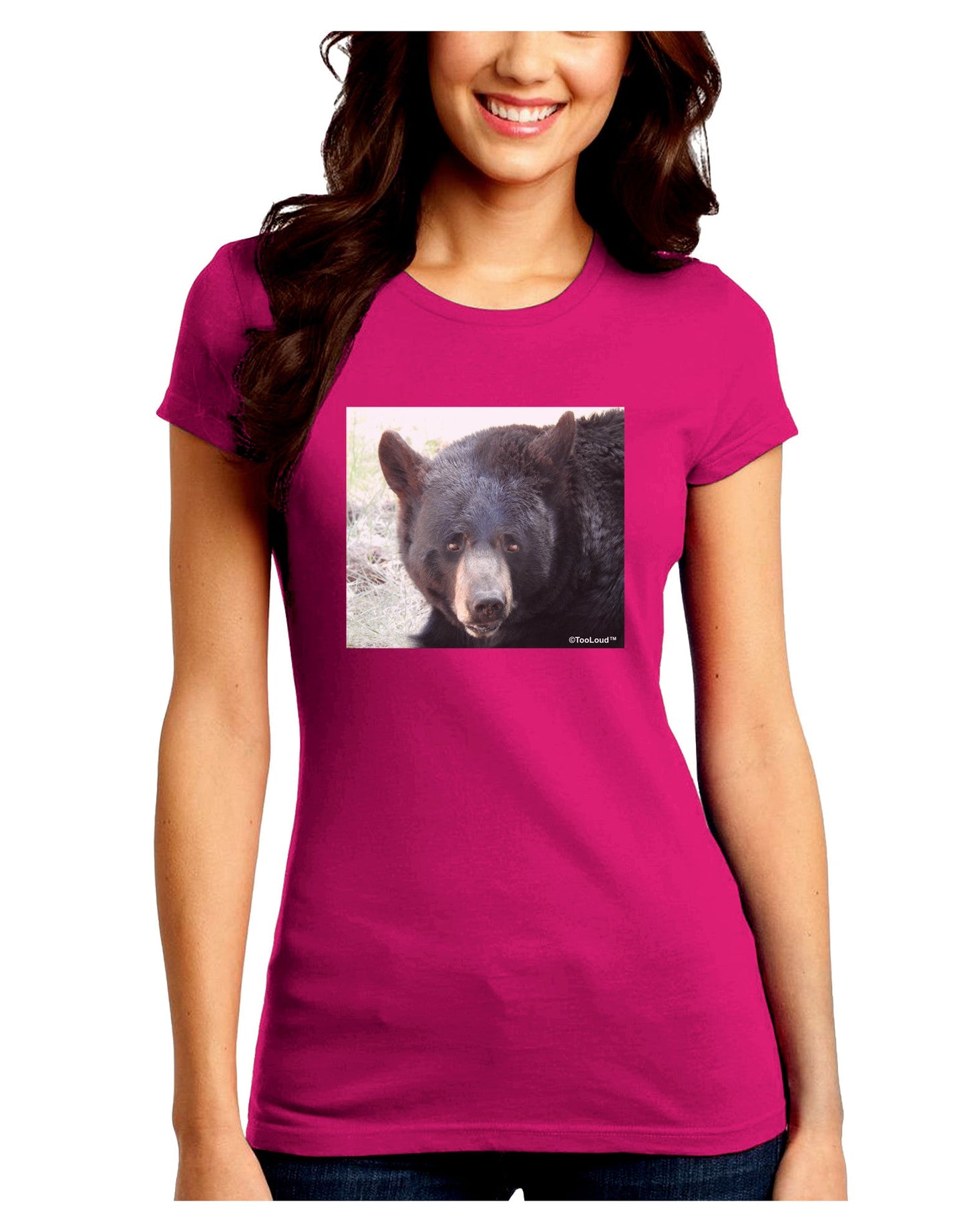 Staring Black Bear Juniors Petite Crew Dark T-Shirt-T-Shirts Juniors Tops-TooLoud-Hot-Pink-Juniors Fitted Small-Davson Sales