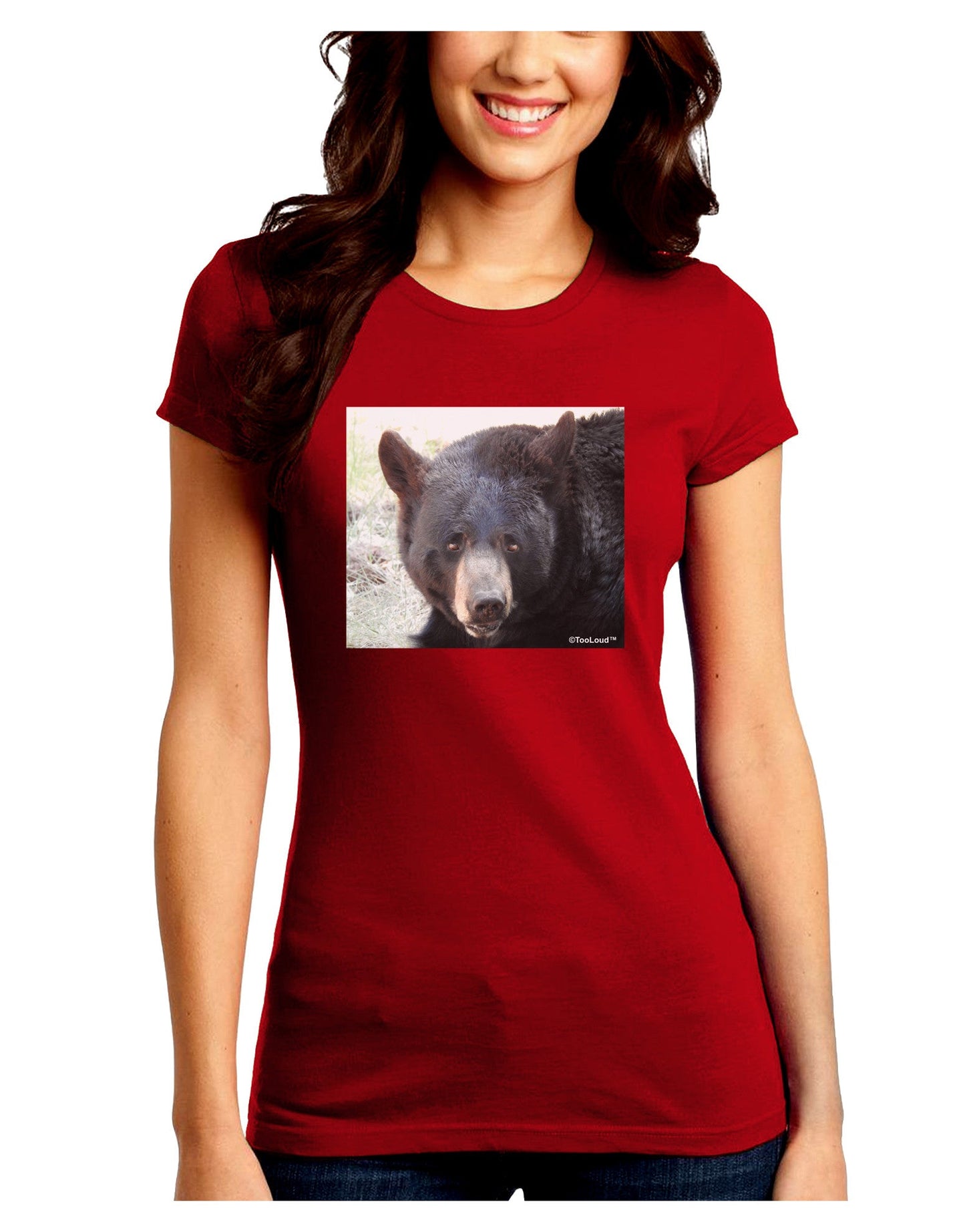Staring Black Bear Juniors Petite Crew Dark T-Shirt-T-Shirts Juniors Tops-TooLoud-Red-Juniors Fitted Small-Davson Sales