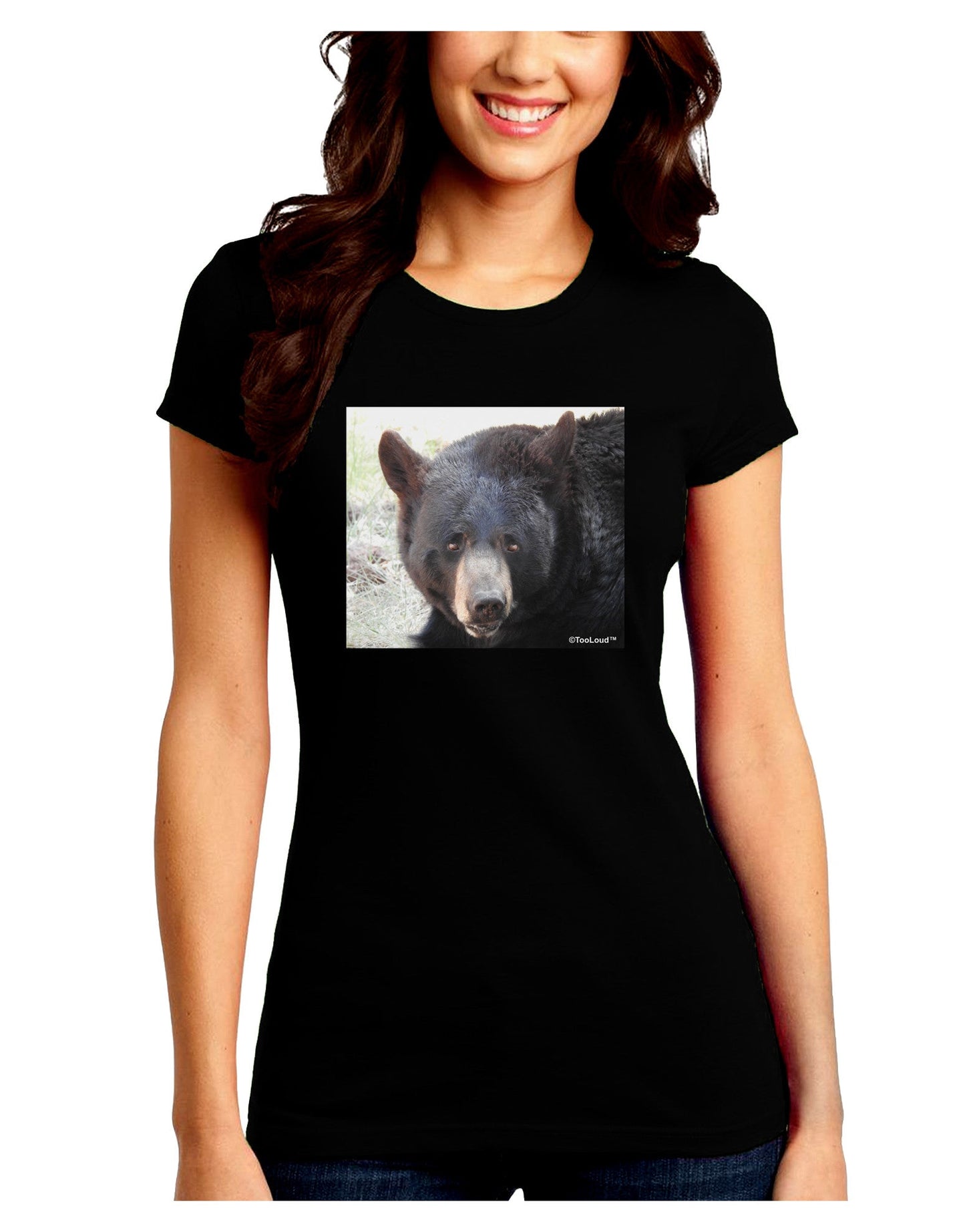 Staring Black Bear Juniors Petite Crew Dark T-Shirt-T-Shirts Juniors Tops-TooLoud-Black-Juniors Fitted Small-Davson Sales