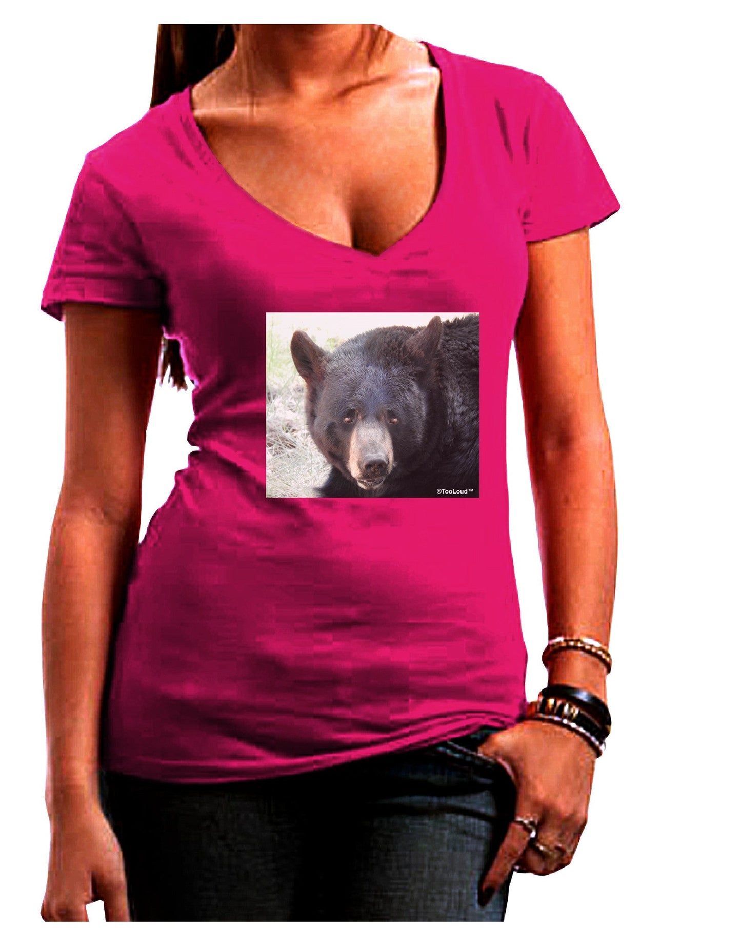 Staring Black Bear Womens V-Neck Dark T-Shirt-Womens V-Neck T-Shirts-TooLoud-Hot-Pink-Juniors Fitted Small-Davson Sales