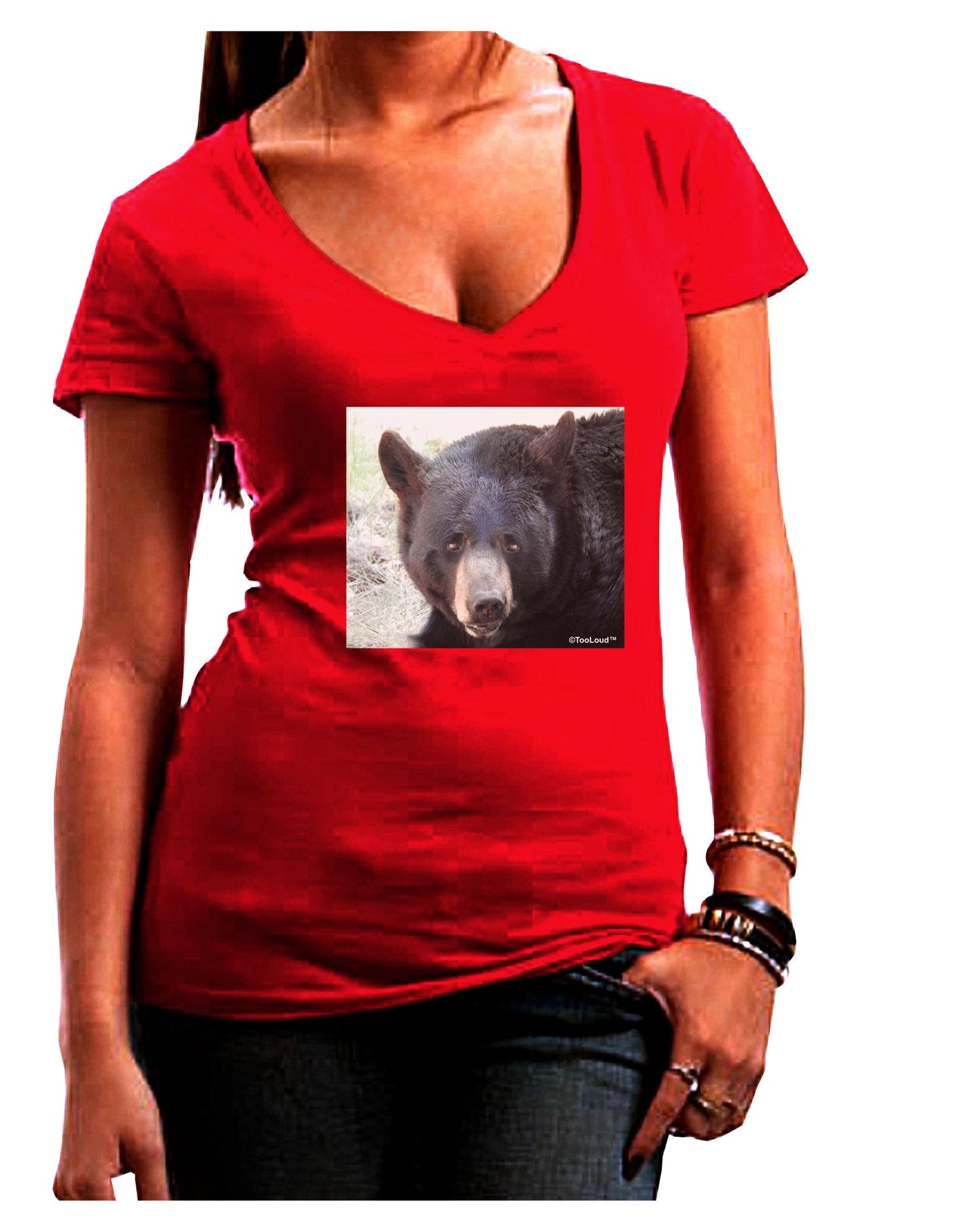 Staring Black Bear Womens V-Neck Dark T-Shirt-Womens V-Neck T-Shirts-TooLoud-Red-Juniors Fitted Small-Davson Sales