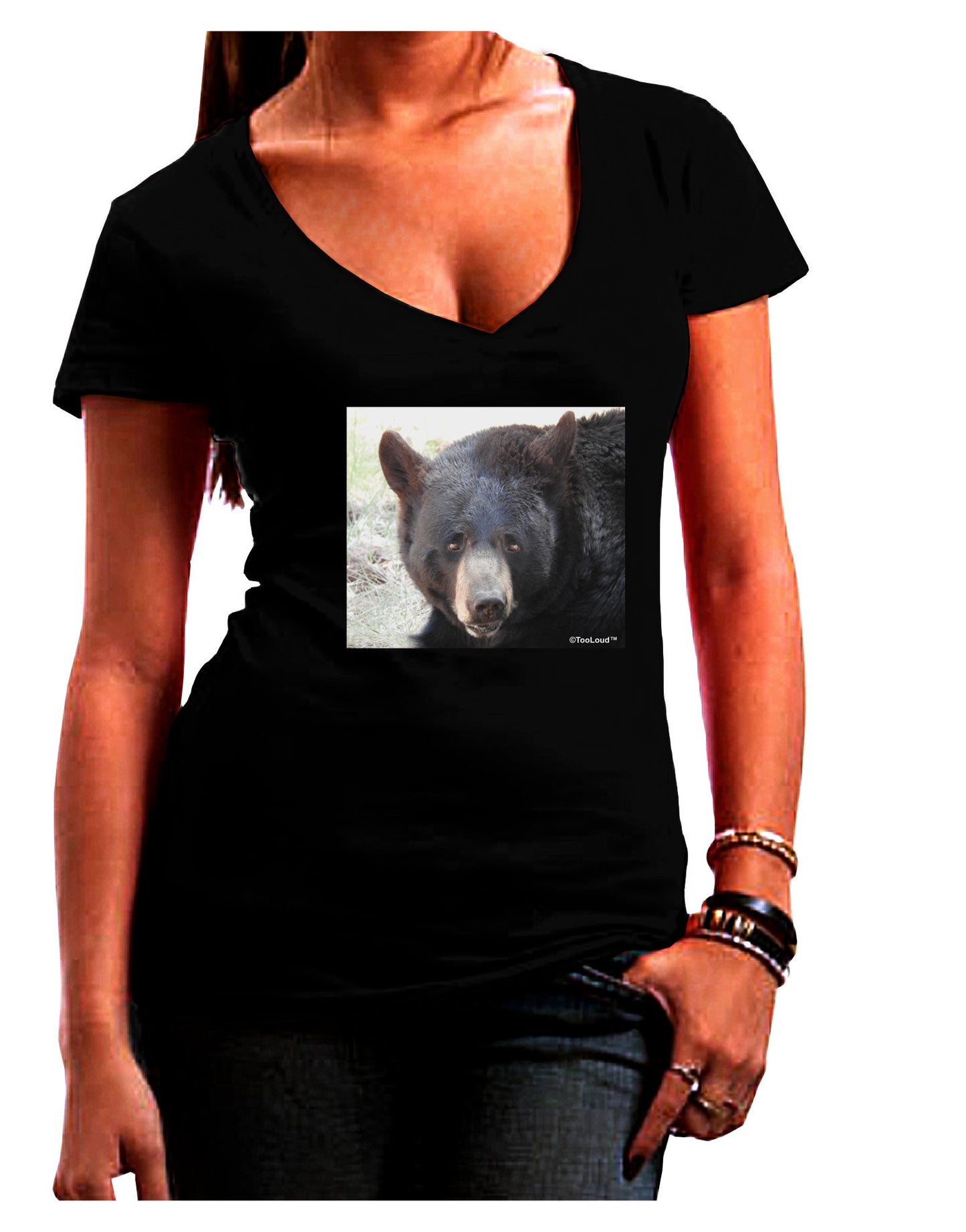 Staring Black Bear Womens V-Neck Dark T-Shirt-Womens V-Neck T-Shirts-TooLoud-Black-Juniors Fitted Small-Davson Sales