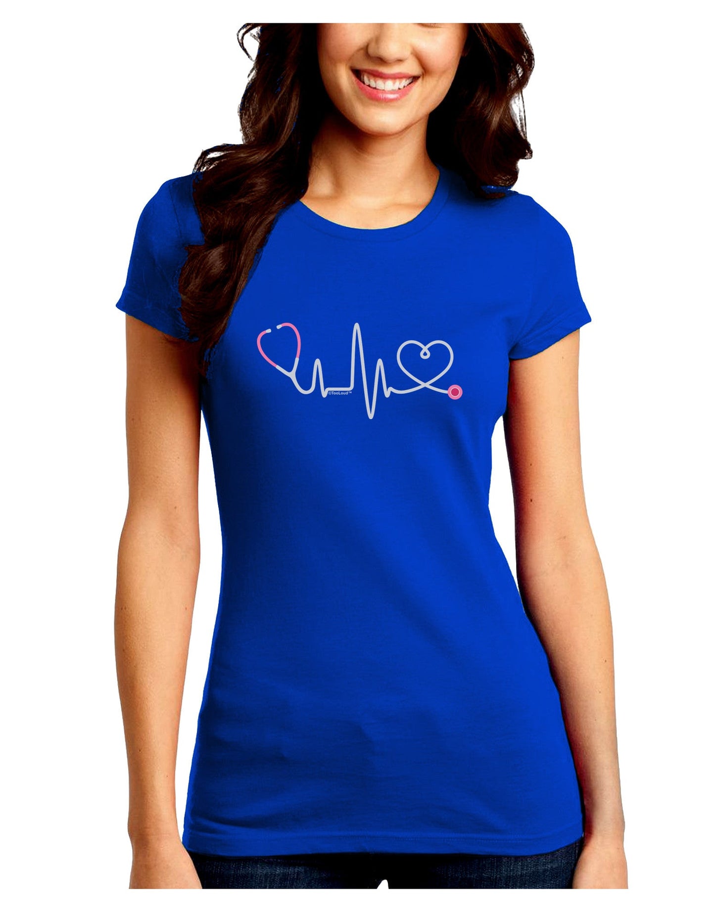 Stethoscope Heartbeat Juniors Petite Crew Dark T-Shirt-T-Shirts Juniors Tops-TooLoud-Royal-Blue-Juniors Fitted Small-Davson Sales