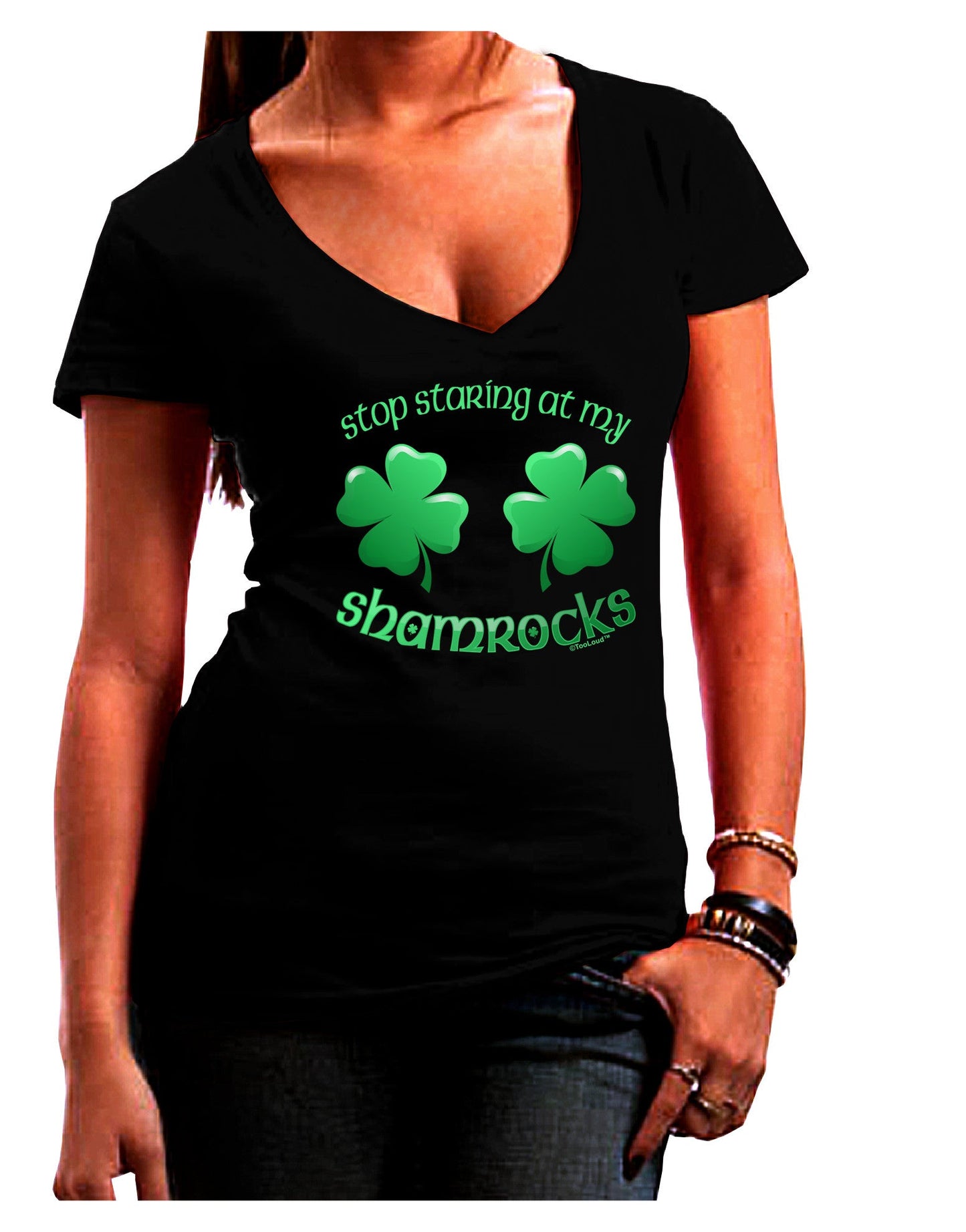 Stop Staring At My Shamrocks Womens V-Neck Dark T-Shirt-Womens V-Neck T-Shirts-TooLoud-Black-Juniors Fitted Small-Davson Sales