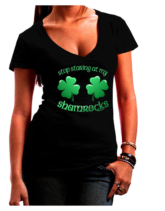 Stop Staring At My Shamrocks Womens V-Neck Dark T-Shirt-Womens V-Neck T-Shirts-TooLoud-Black-Juniors Fitted Small-Davson Sales