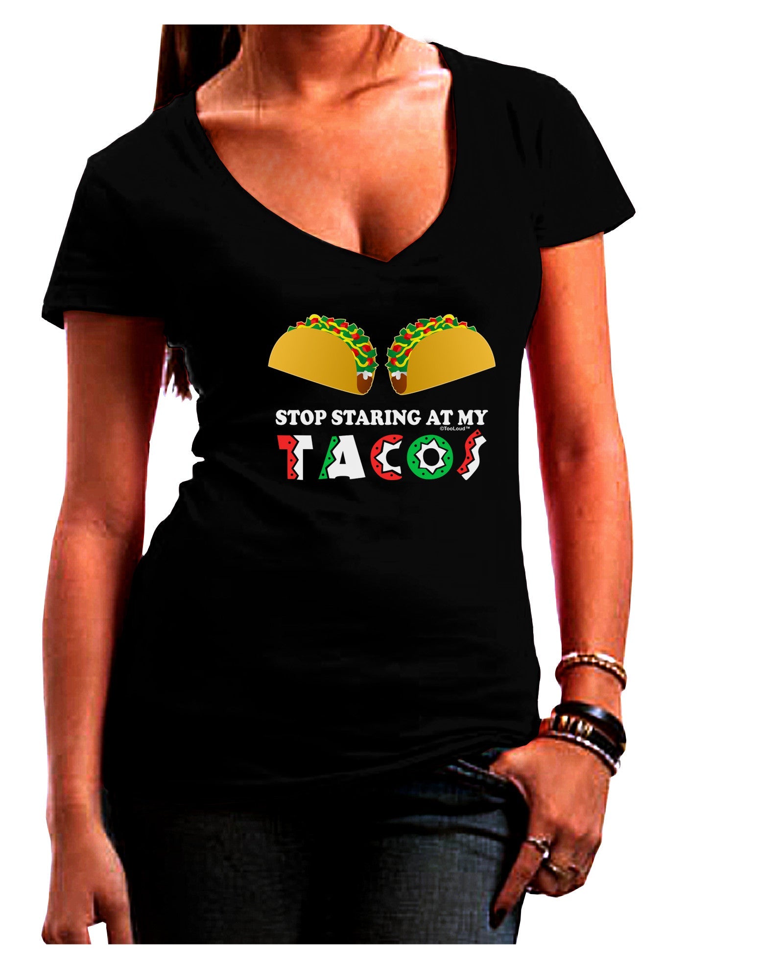 Stop Staring At My Tacos Womens V-Neck Dark T-Shirt-Womens V-Neck T-Shirts-TooLoud-Black-Juniors Fitted Small-Davson Sales